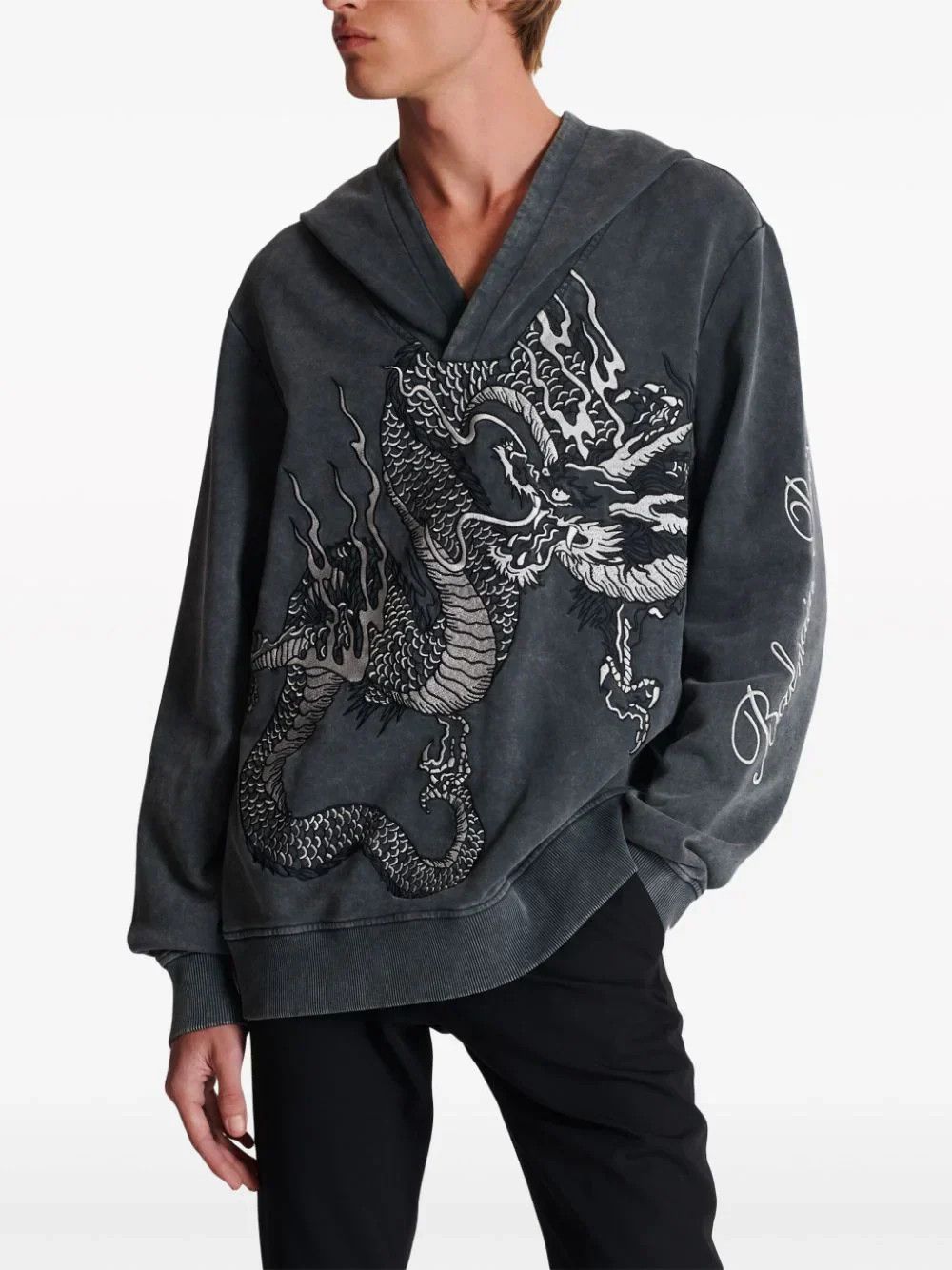 Balmain o1s1wg110125 Dragon Vintage Emb Hoodie in Dark Grey Size US L / EU 52-54 / 3 - 3 Thumbnail