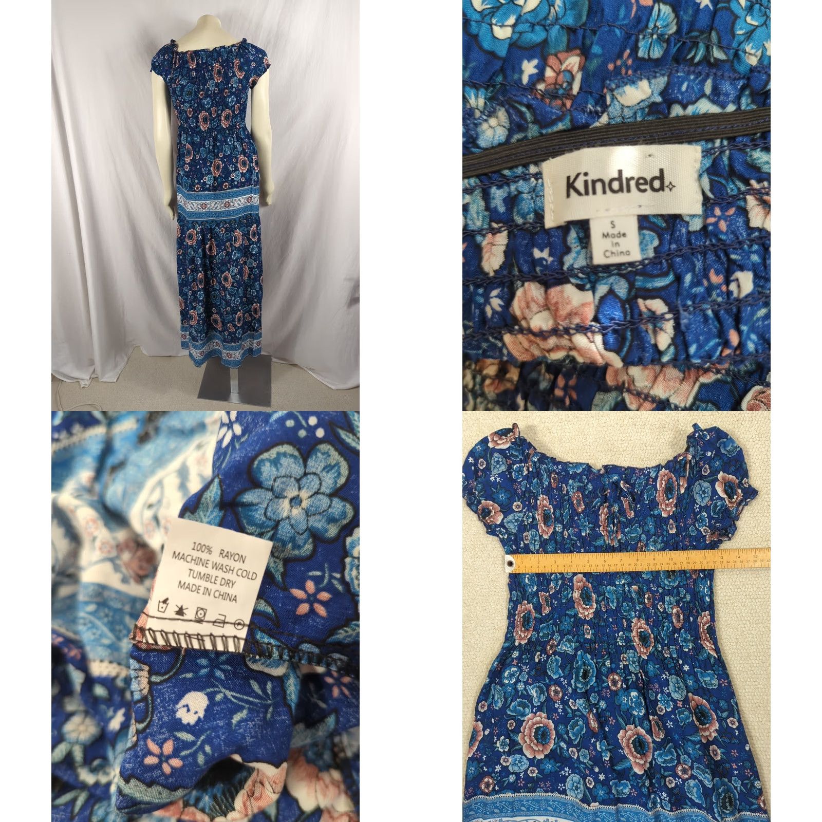 Vintage Kindred Maxi Dress S Blue Floral Smocked Puff Sleeve Square Neck Pulloverempire Waist Boho 60s 70s 80s 90s Beach Holiday Wedding Spring Summer Women Size S / US 4 / IT 40 - 8 Thumbnail