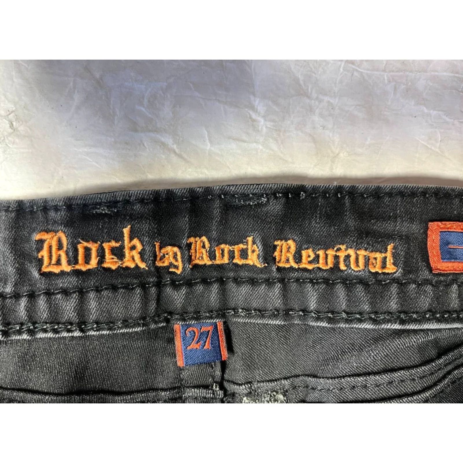 Vintage Rock Revival Jeans Sherry Easy Skinny Sz 27 Low Rise Rhinestone Embroidered Black Denim 5-Pocket Womens Size 27" / US 4 / IT 40 - 7 Thumbnail