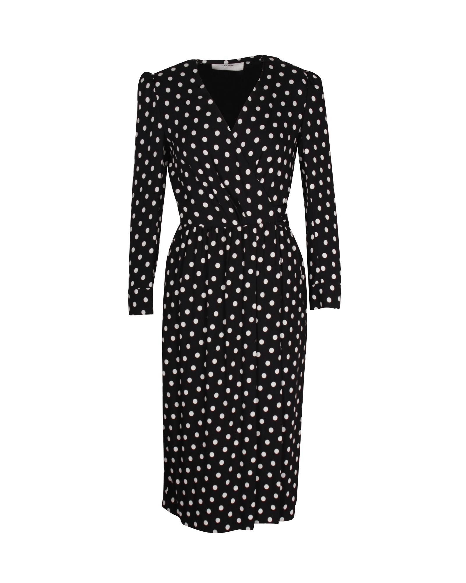 image of Celine Polka Dot Printed Midi Dress In Black Viscose in Black Print, Women's (Size XS)