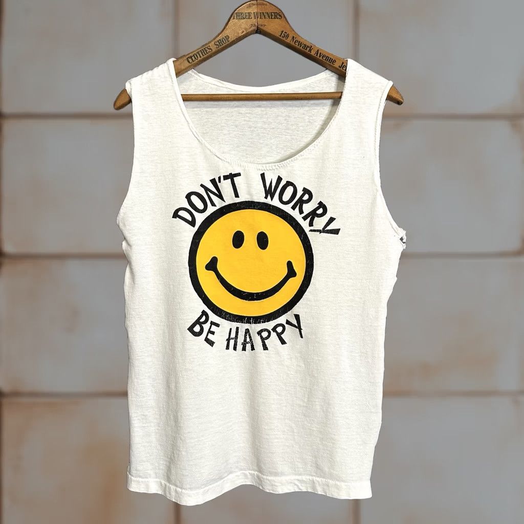 Vintage VINTAGE 90s Don’t Worry Be Happy Smiley Face Sleeveless Tank Top Shirt M Unisex White Cotton Knit Regular Size M Adults Boys Girls Mens Womens Size M / US 6-8 / IT 42-44 - 1 Thumbnail