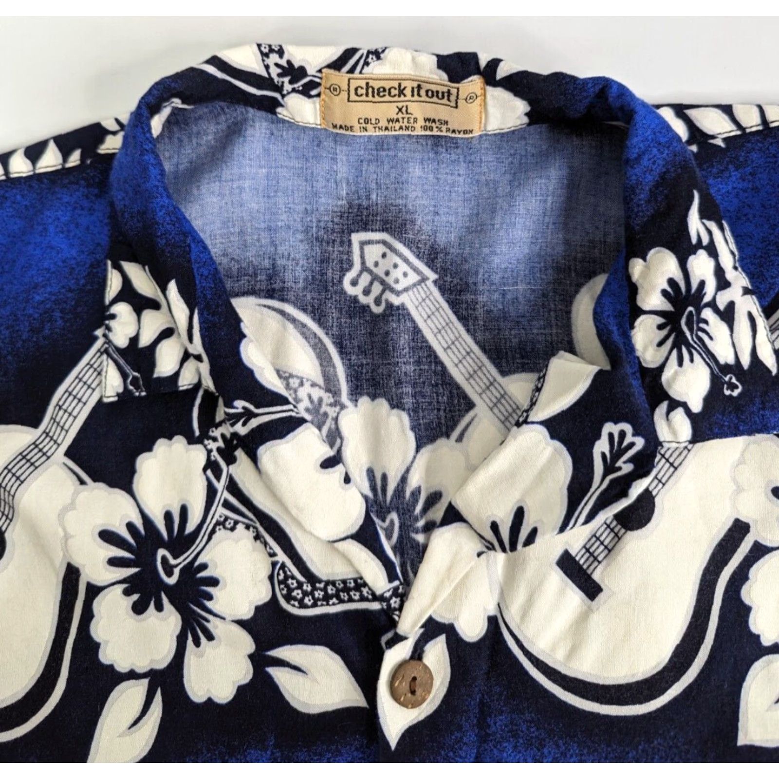 Vintage Vtg 80’s Check It Out Floral Guitars Hawaiian Shirt XL White Blue Button Rayon Size US XL / EU 56 / 4 - 7 Thumbnail