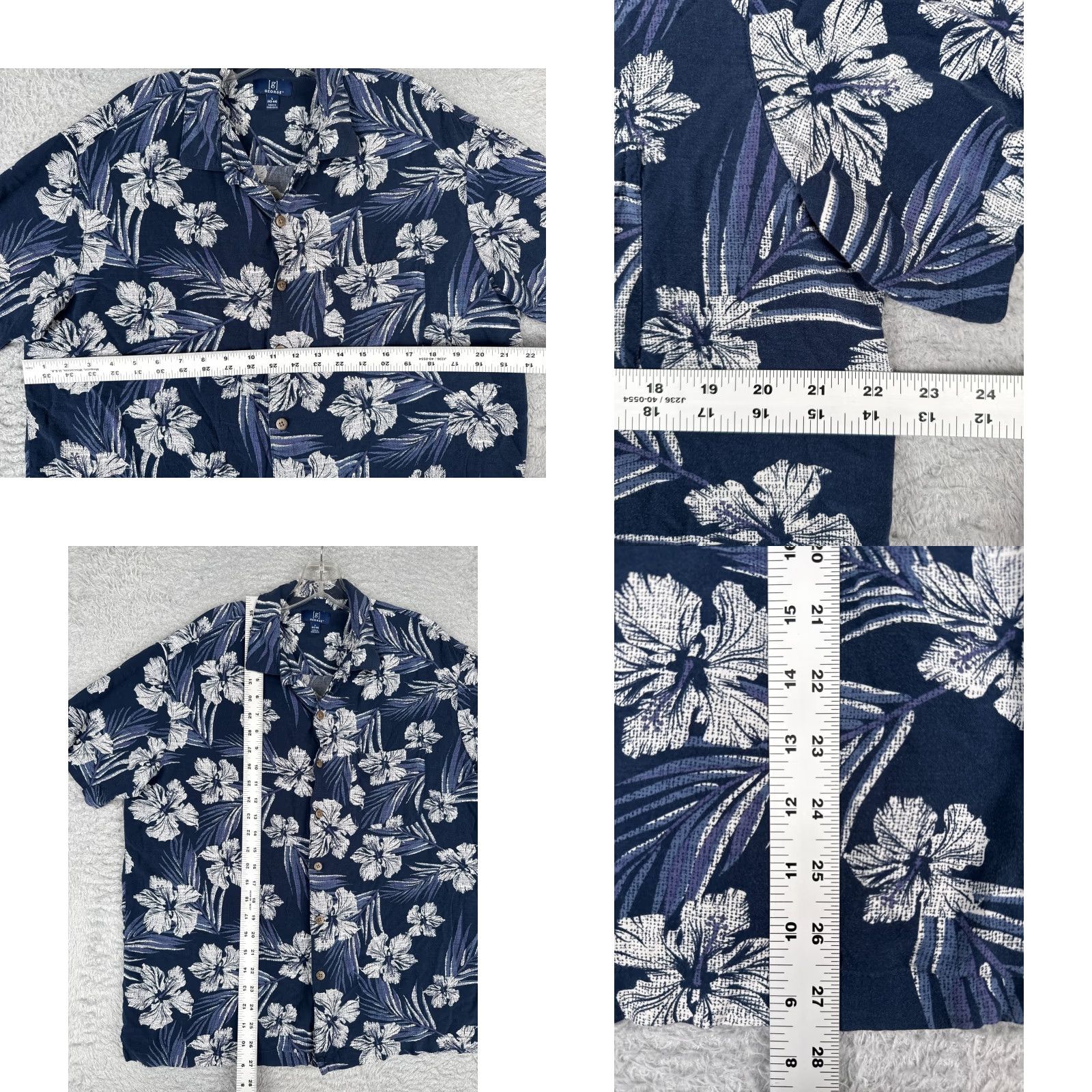 George George Shirt Adult Large Blue White Floral Leaf Button Up Hawaiian 100% Rayon Size US L / EU 52-54 / 3 - 8 Thumbnail