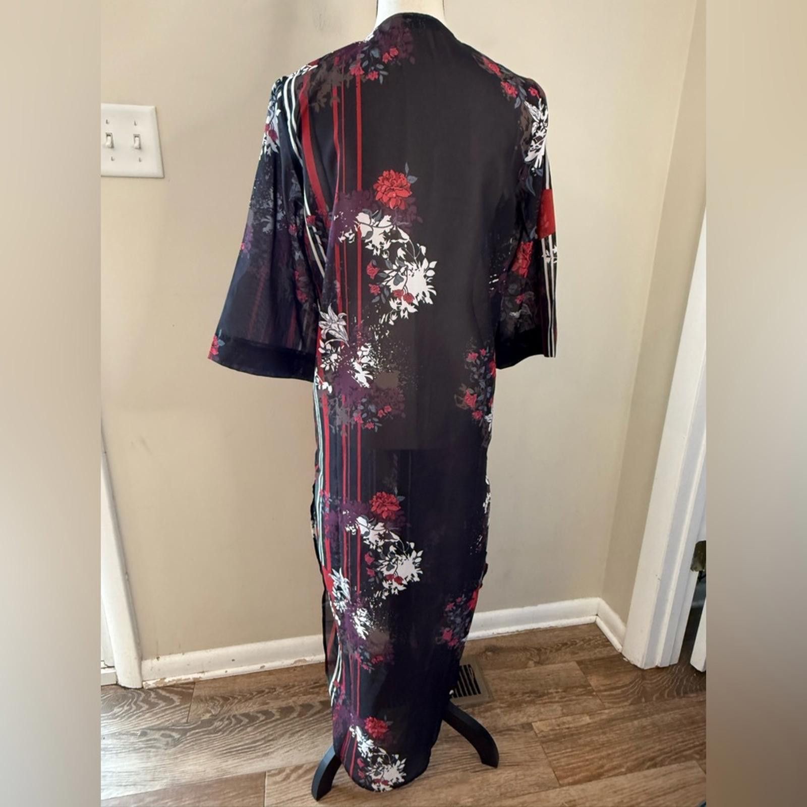 Other Colleen Lopez floral striped kimono cover up black red SZ XS Size ONE SIZE - 4 Thumbnail
