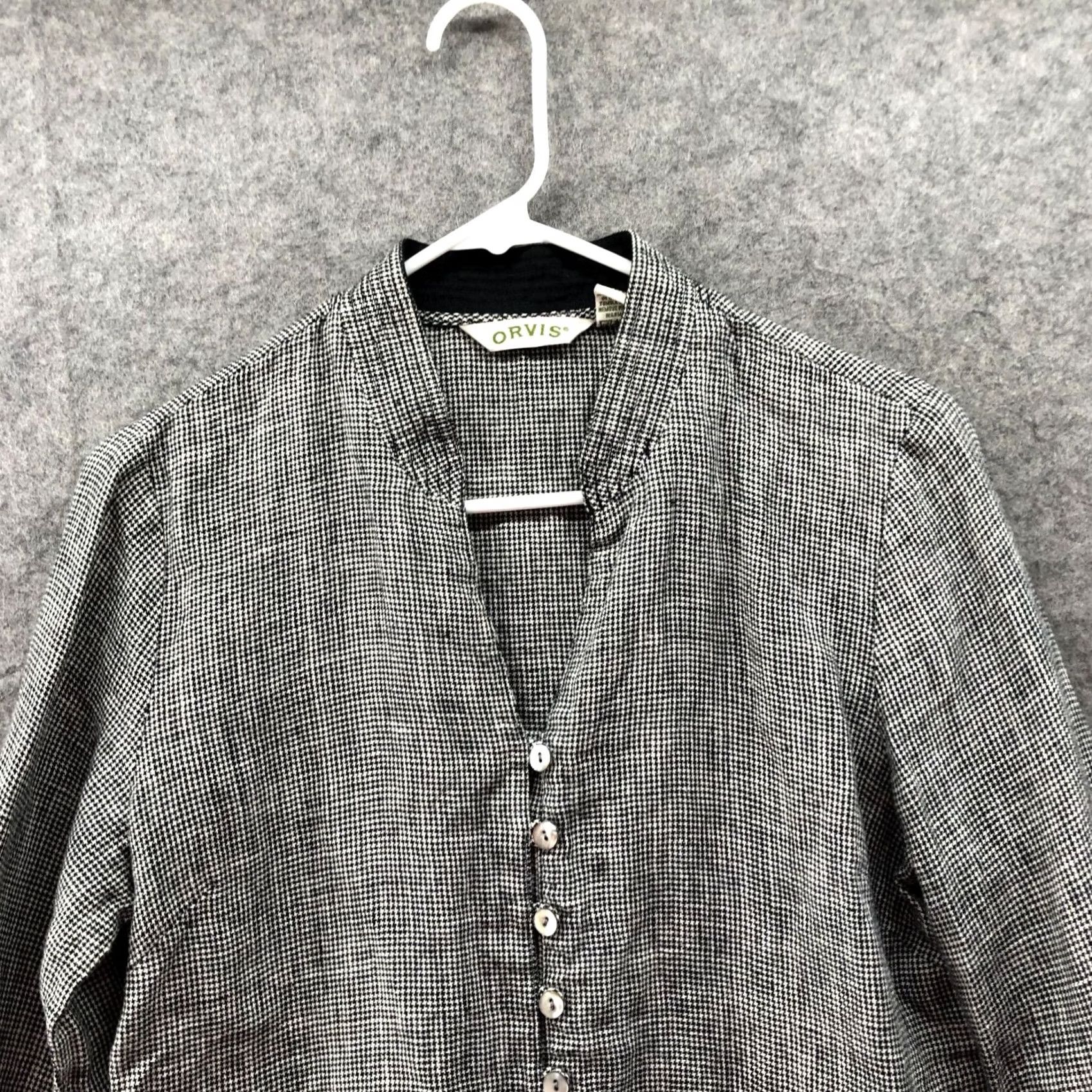 Orvis Orvis 100% Linen Long Sleeve Shirt Womens S Houndstooth Gray V-Neck Plaid Button Front Blouse Shirt Womens S Gray Linen V-Neck Houndstooth Size S / US 4 / IT 40 - 3 Thumbnail