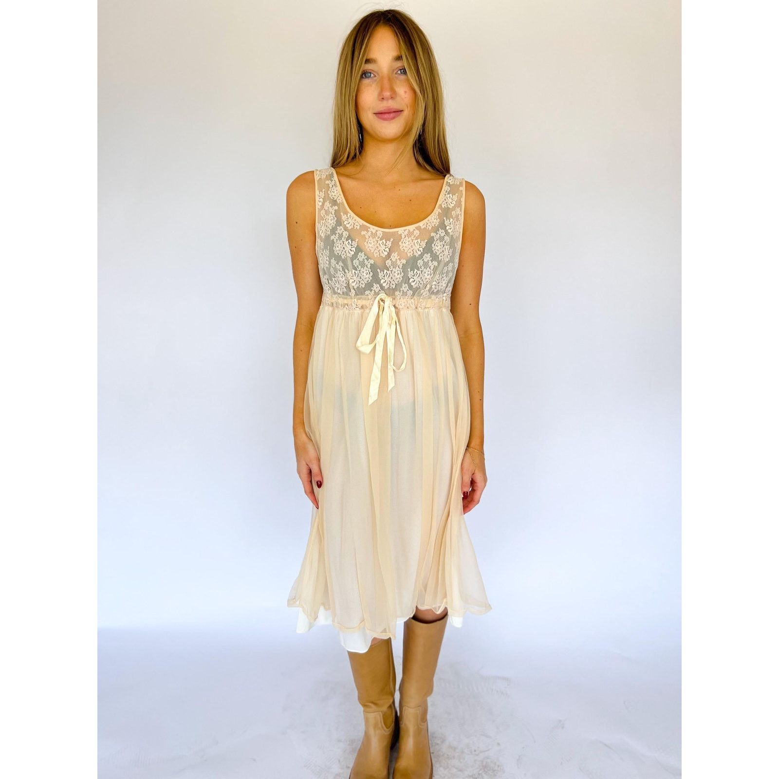 Vintage Vintage Sheer Cream Lace Midi Dress Set Lingerie Streetware Size M / US 6-8 / IT 42-44 - 3 Thumbnail