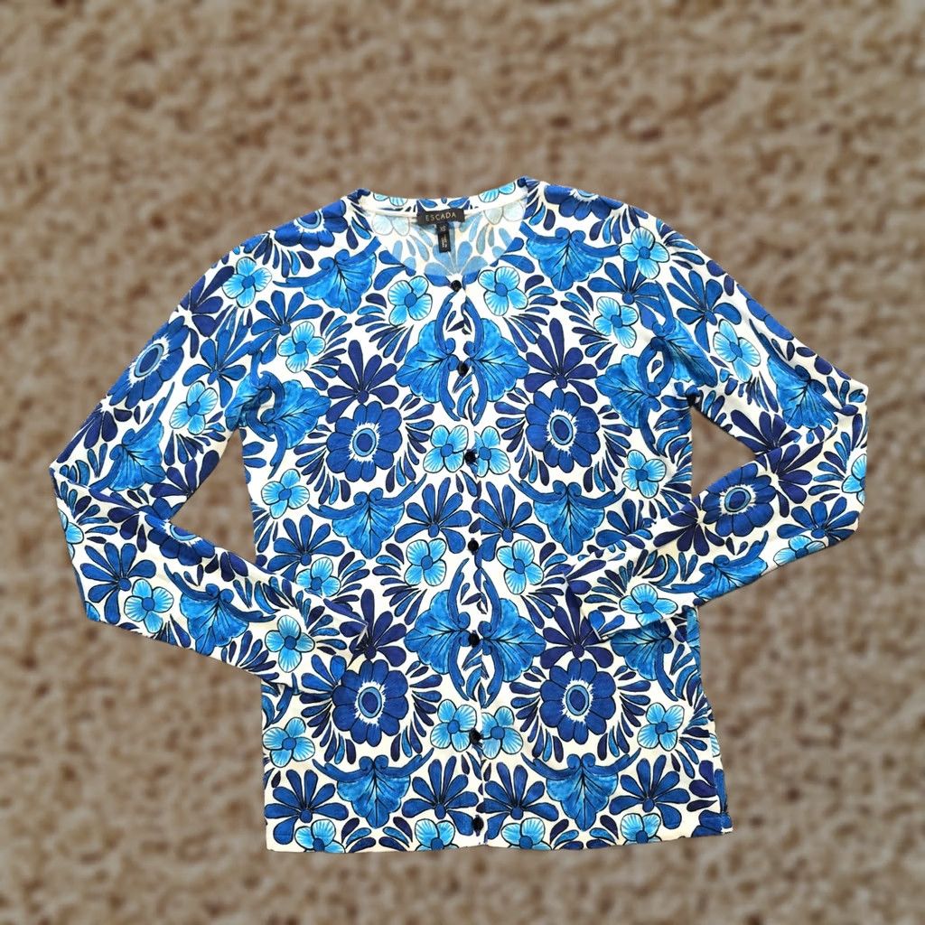 Escada Escada Sweater Cardigan Womens XS Blue Floral Lightweight Soft Knit Luxury Classic Designer Regular Knit Shirt/Top Size XS / US 0-2 / IT 36-38 - 1 Thumbnail