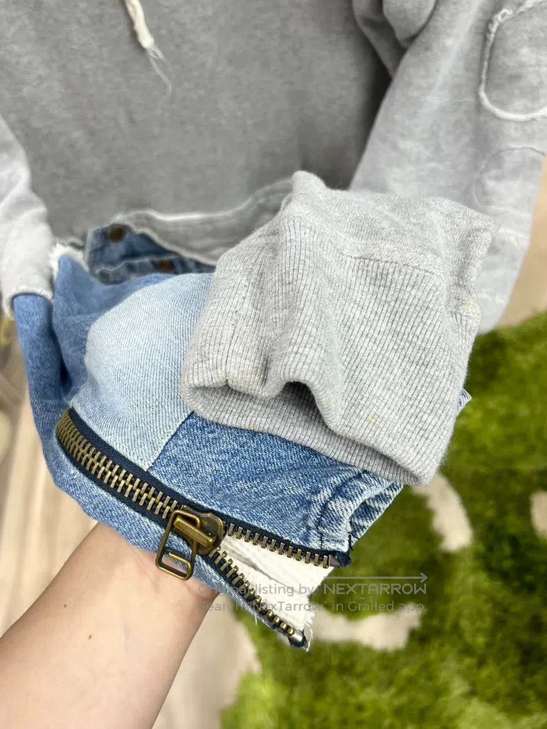 Greg Lauren Greg Lauren Grey Spliced Denim Sweatshirt Size US L / EU 52-54 / 3 - 6 Thumbnail