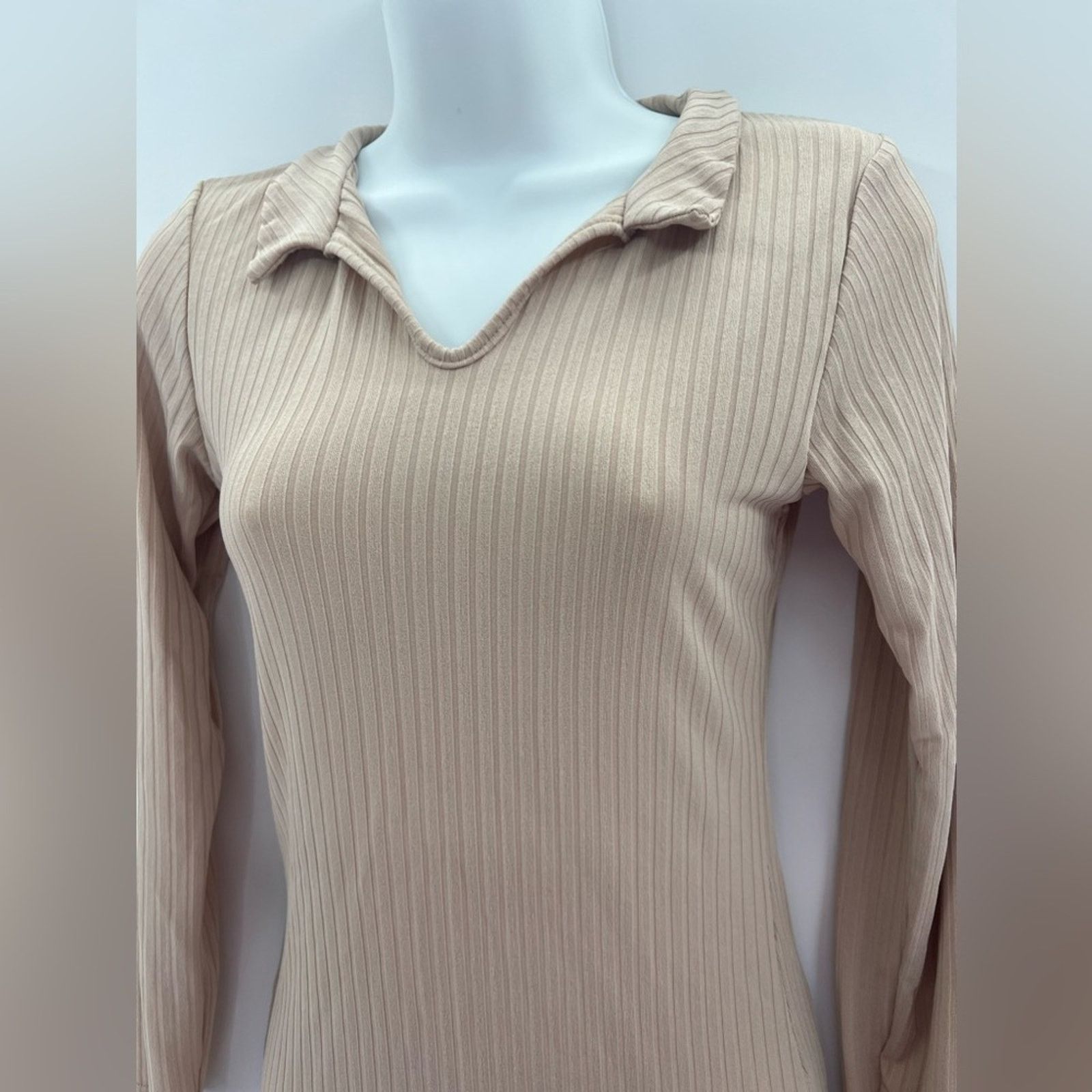 Boohoo Boohoo Camel Ribbed Collar Detail Long Sleeve Bodycon Size M / US 6-8 / IT 42-44 - 6 Thumbnail