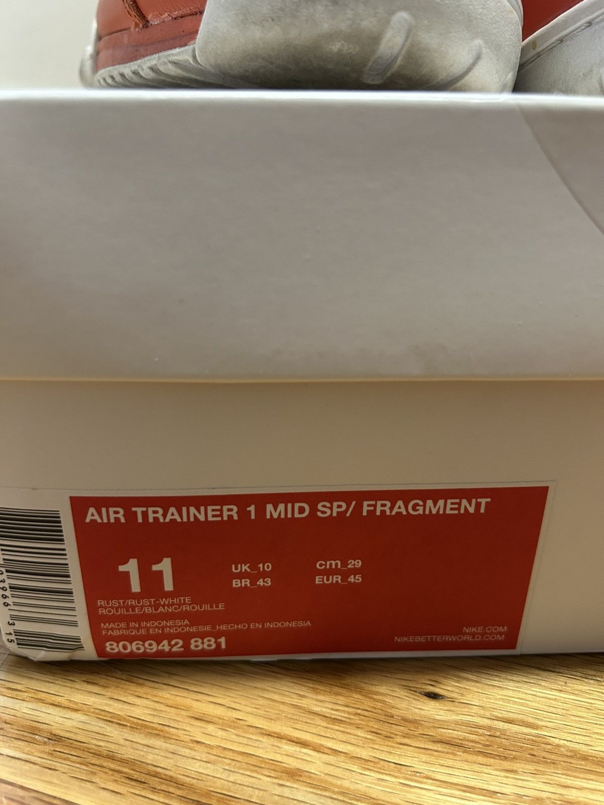 Nike Air Trainer 1 Mid SP x Fragment Design Rust Size 11
