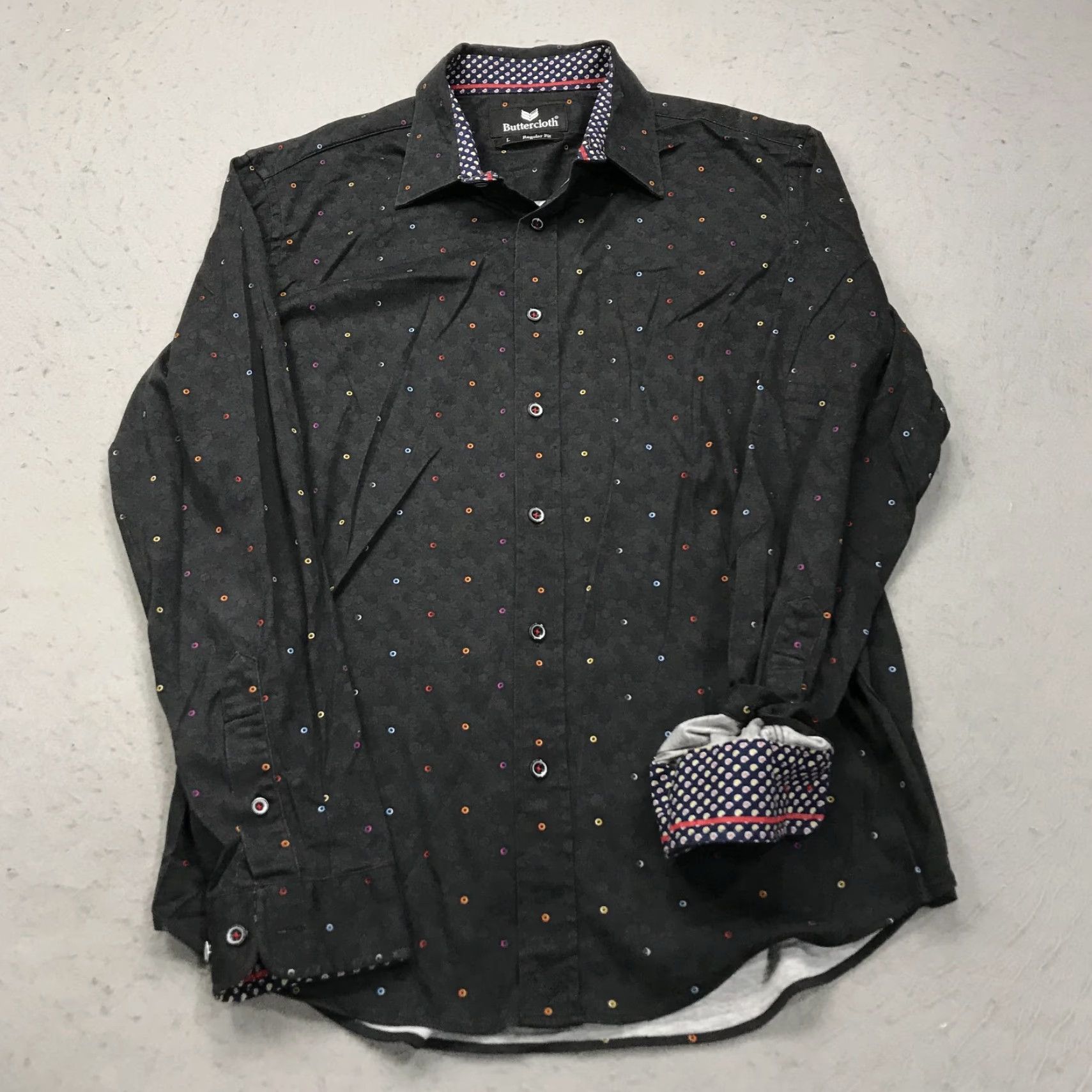 Vintage Buttercloth Shirt Mens Large Black Regular Flip Cuff Geometric Casual Cotton Size US L / EU 52-54 / 3 - 2 Thumbnail
