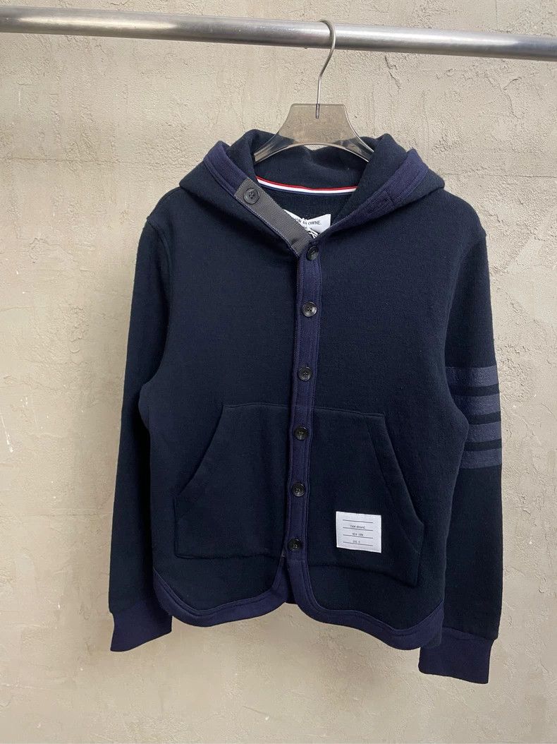 Thom Browne Thom browne blue four-striped hooded button wool cardigan j Size US XS / EU 42 / 0 - 2 Thumbnail