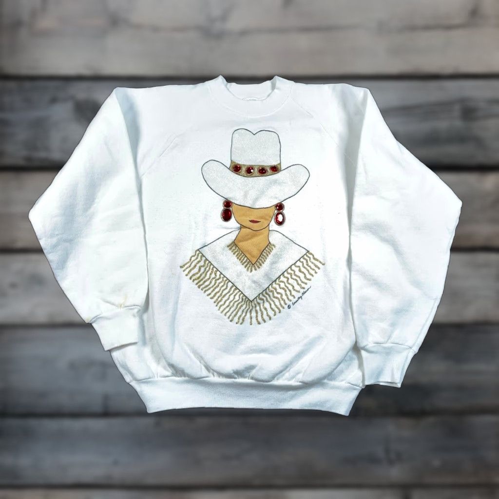 Fruit Of The Loom VTG Fruit of the Loom Sweatshirt White Crew Neck Pullover Long Sleeve Bejeweled Graphic Print Cowboy Cowgirl Western 80s Adult Large Women Size L / US 10 / IT 46 - 1 Thumbnail