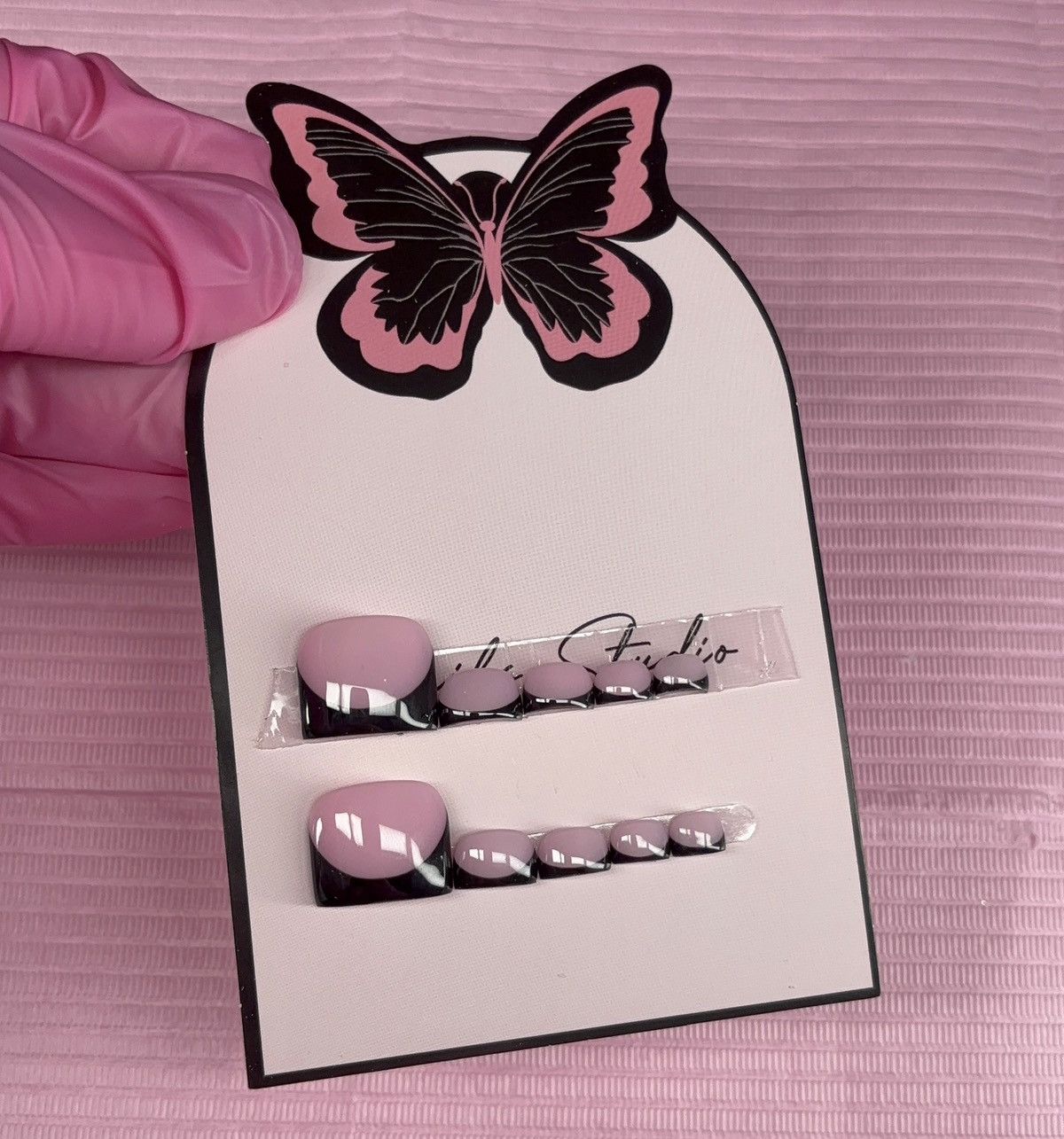Handmade press on toenails pink nude black French tips handmade gel Size ONE SIZE - 5 Thumbnail