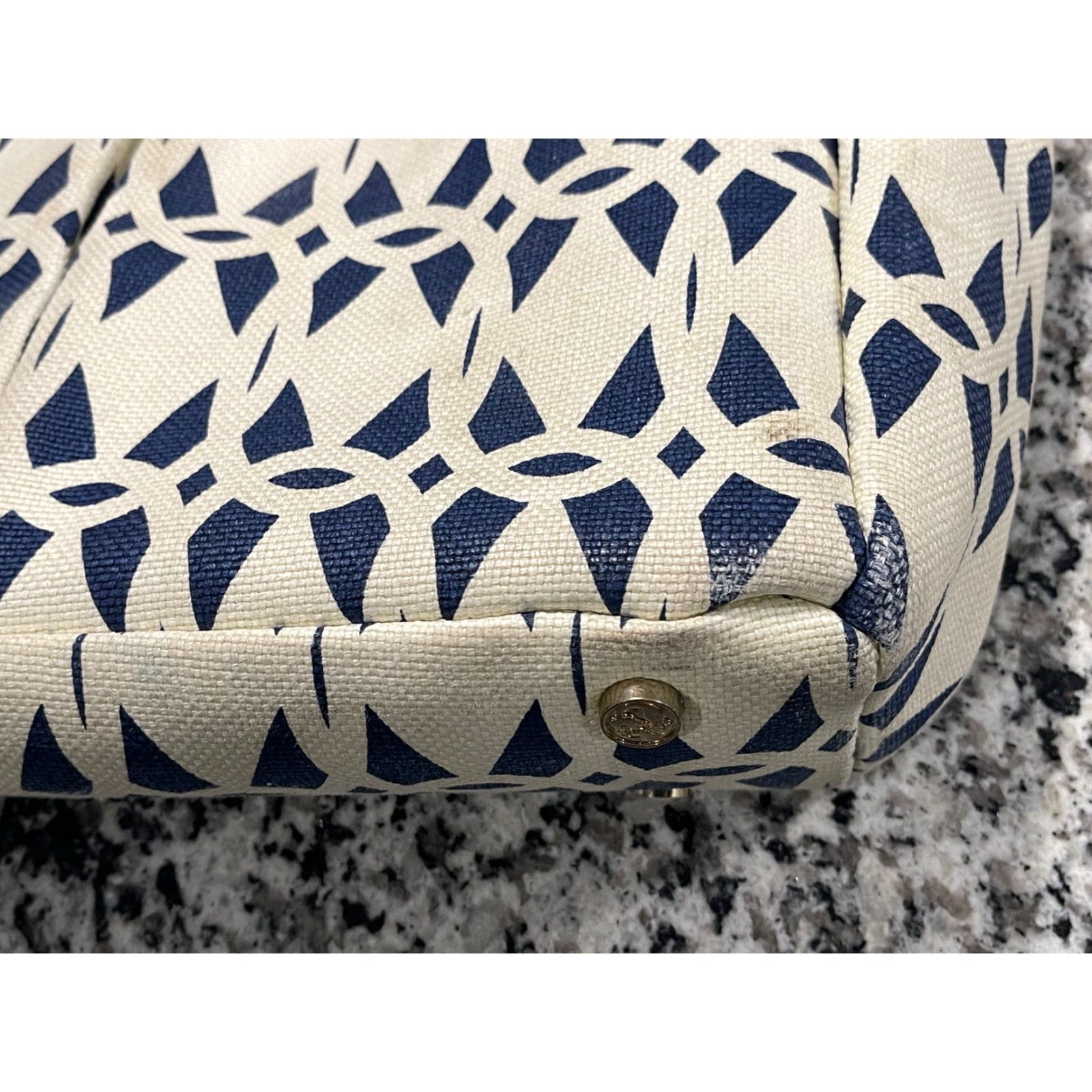 Vintage SPARTINA 449 Daufuskie Island Tybrisa Colypso Diaper Bag, Natural Linen/Leather Handbag Blue/White Exterior Lined Women Size ONE SIZE - 4 Thumbnail