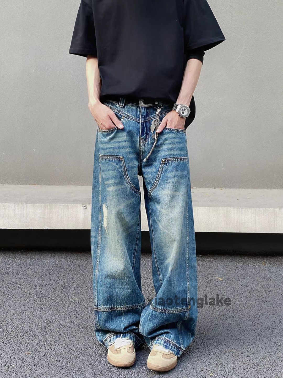 Jean Unisex washed faded loose baggy skate carpenter jeans Size US 32 / EU 48 - 3 Thumbnail