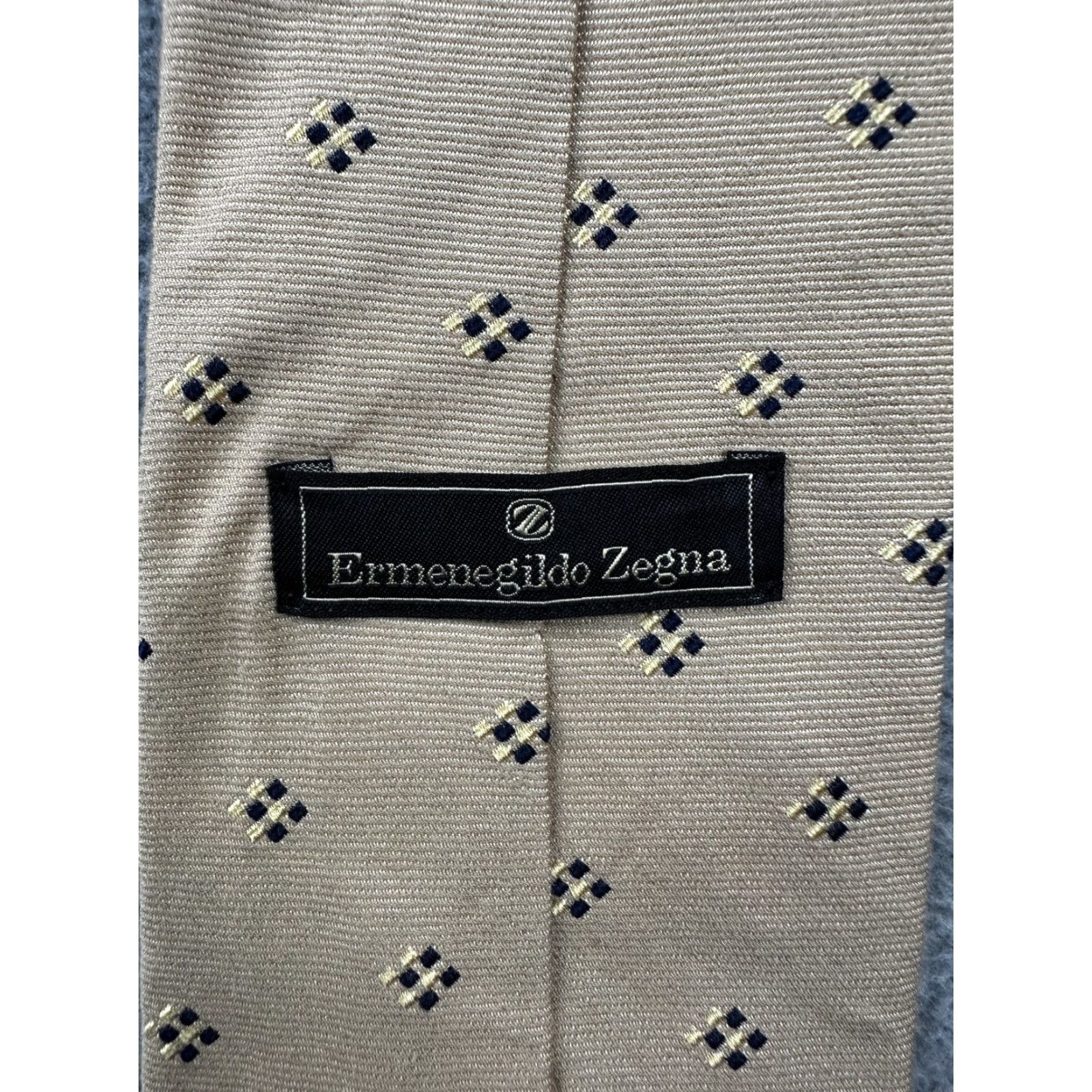 Ermenegildo Zegna VINTAGE Ermenegildo Zegna Tie Mens Tan Navy Micro Square Pattern Cotton Silk Made Italy Size ONE SIZE - 2 Thumbnail