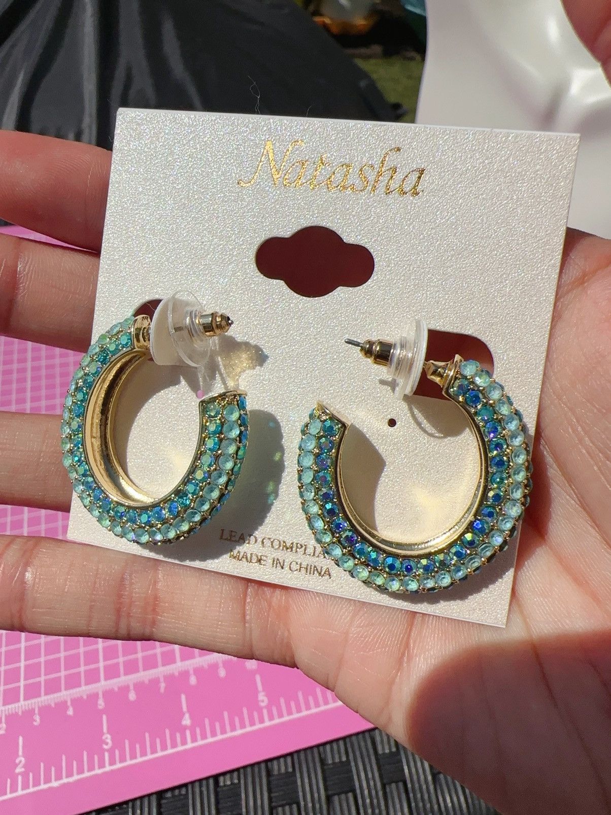 Designer Natasha gold tone Water Blue diamonds paved open loop circle Size ONE SIZE - 3 Thumbnail