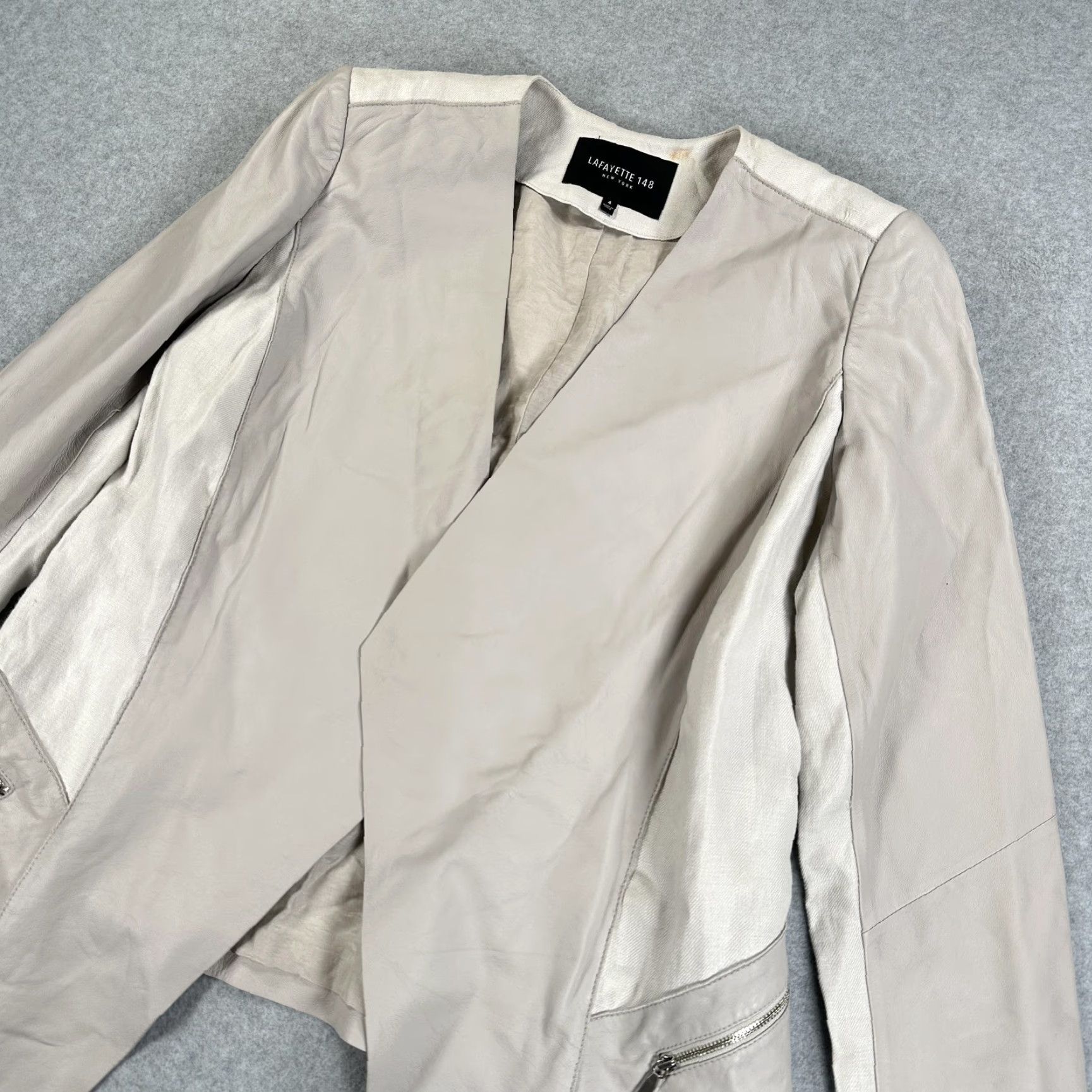 Vintage Lafayette 148 New York Leather Jacket Womens 4 Beige Collarless Zip Linen Shirt Size S / US 4 / IT 40 - 2 Thumbnail