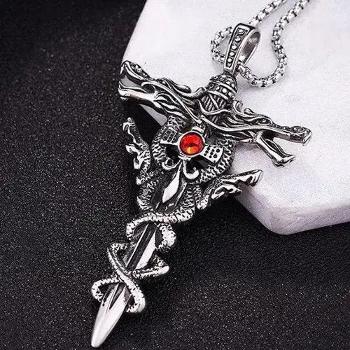 Other Y2k Double Dragon Sword Titanium Steel Necklace Size ONE SIZE - 3 Thumbnail