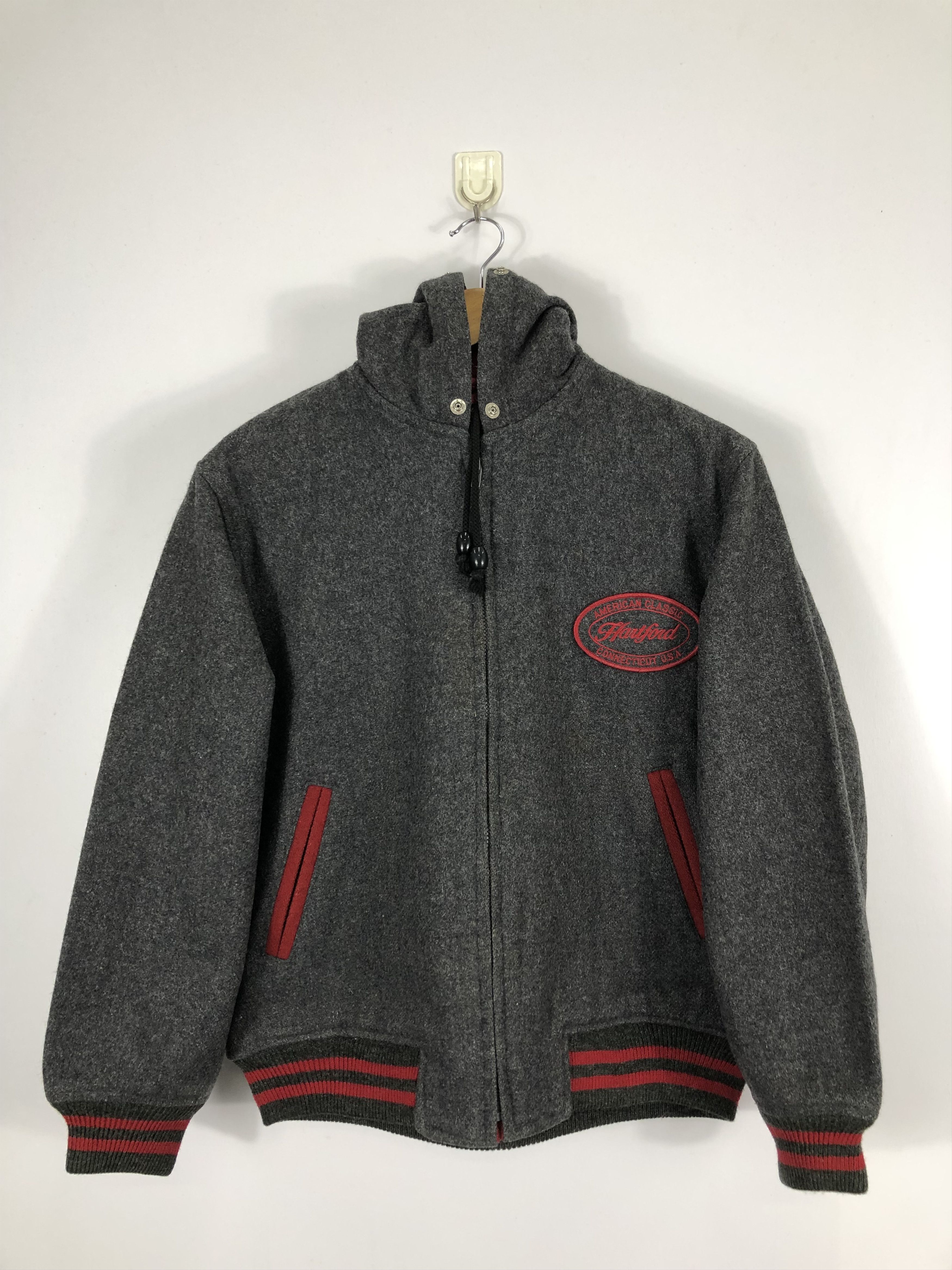 image of Hartford x Varsity Vintage 90's Hatford Wool Hooded Wool Varsity Jacket in Grey, Men's (Size Medium