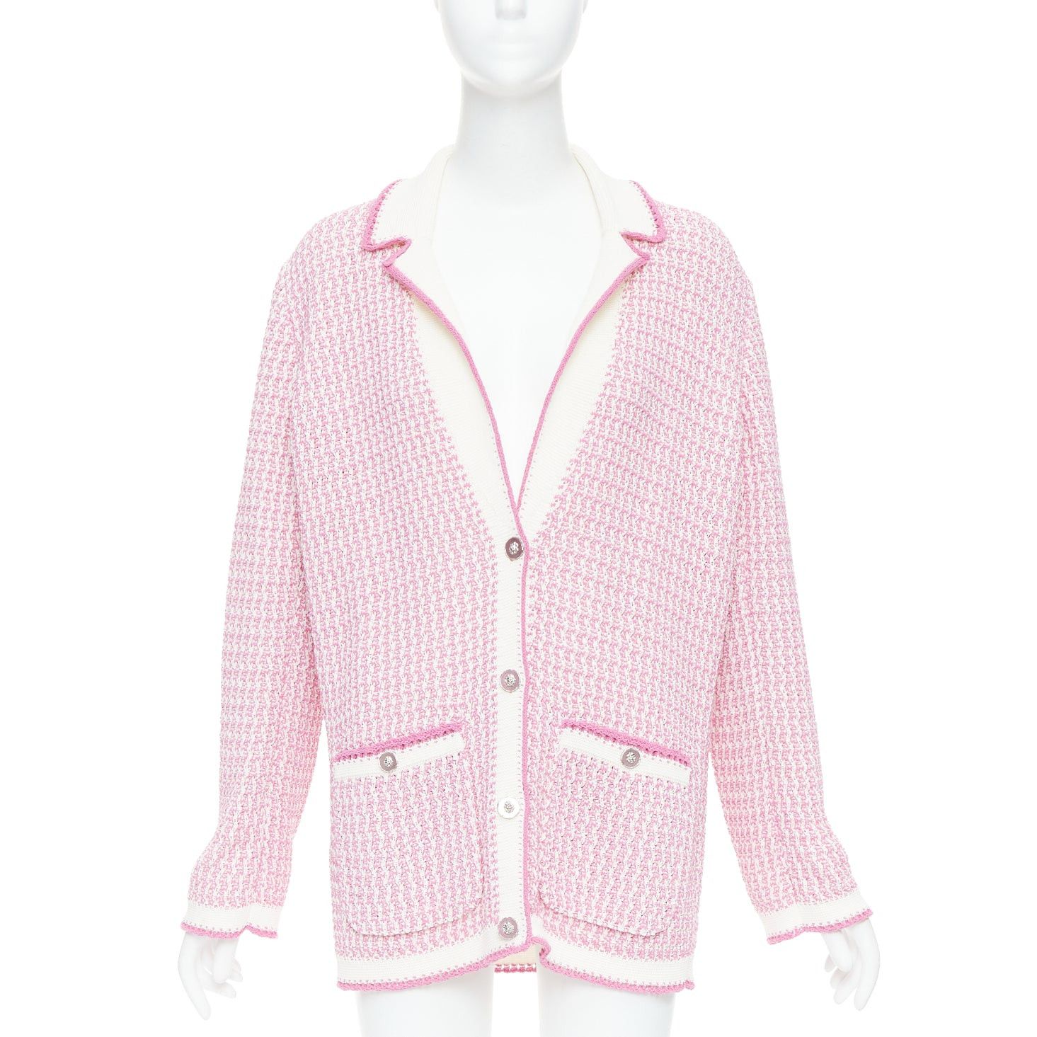 Chanel CHANEL 2022 pink white tweed metallic buttons long knit cardigan FR42 XL Size L / US 10 / IT 46 - 1 Thumbnail