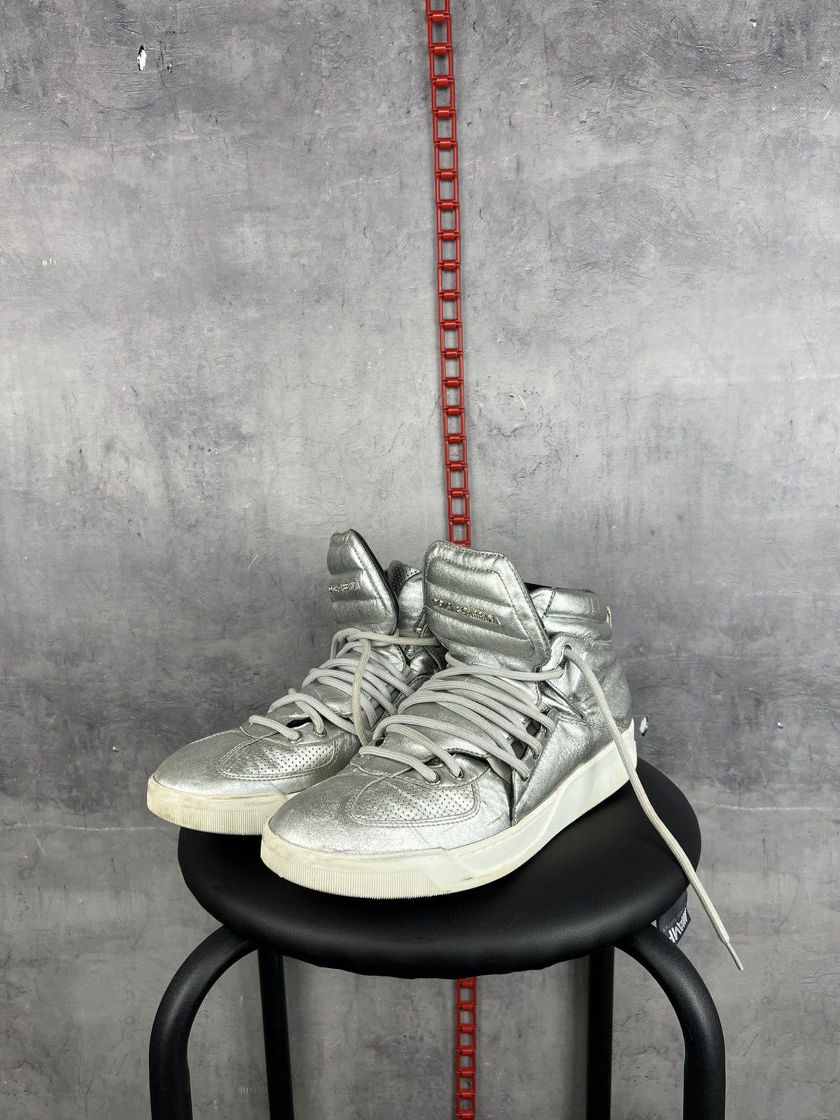 Dolce & Gabbana Dolce & Gabbana Silver Leather High Top Sneakers Size 8,5 Size US 8.5 / EU 41-42 - 1 Thumbnail