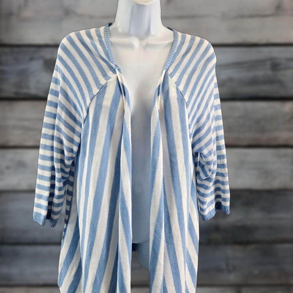 Vintage Chico's Womens Cardigan Sz Large Blue White Stripe Open Front Cotton Blend Sweater Knit Knitwear Size L / US 10 / IT 46 - 1 Thumbnail