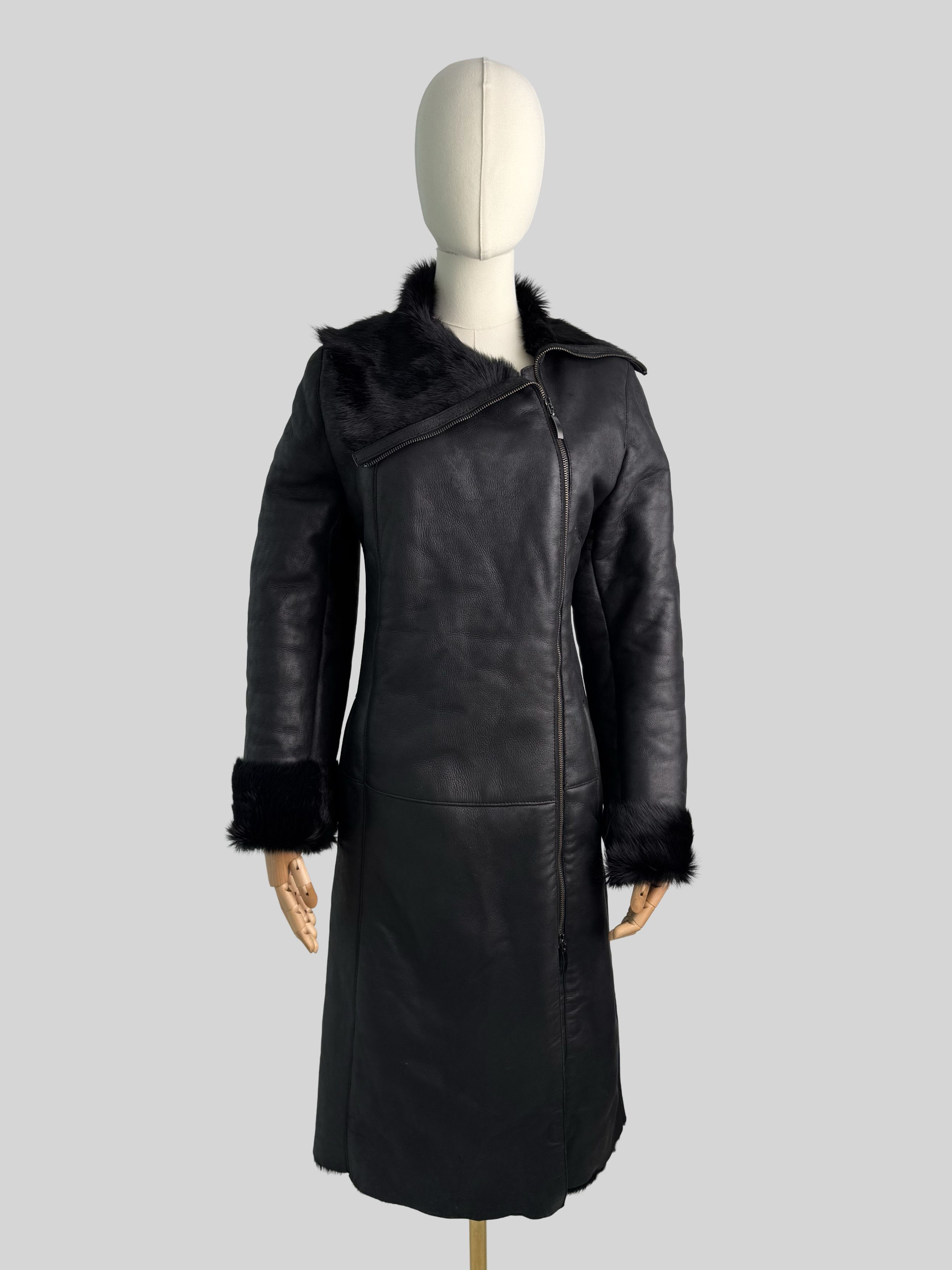 Vintage Vintage Sheepskin Leather Coat Black Fur Collar Long Jacket Size S / US 4 / IT 40 - 1 Thumbnail