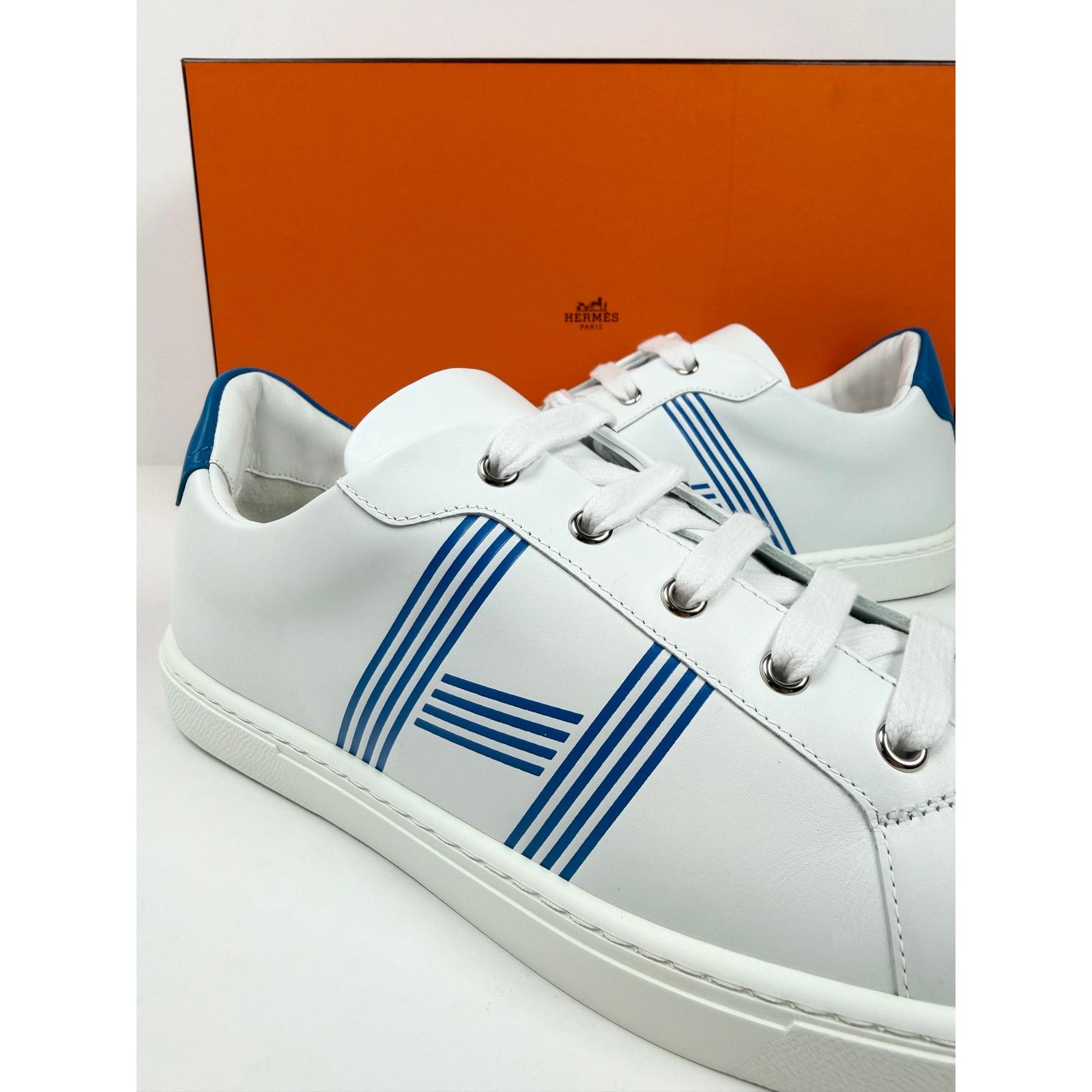 Hermes Size 8.5 - Hermes Advantage White Blue Leather Sneakers NEW Size US 8.5 / EU 41-42 - 3 Thumbnail