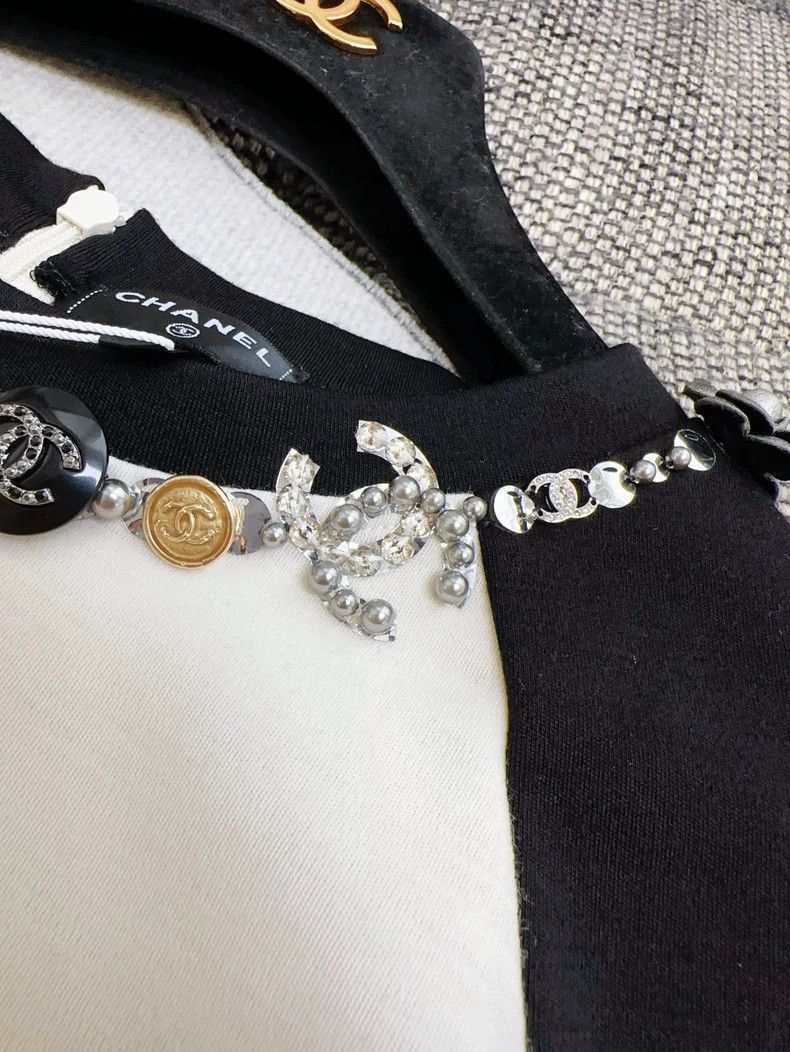 Chanel Beige Black Embellished Long Sleeve Top