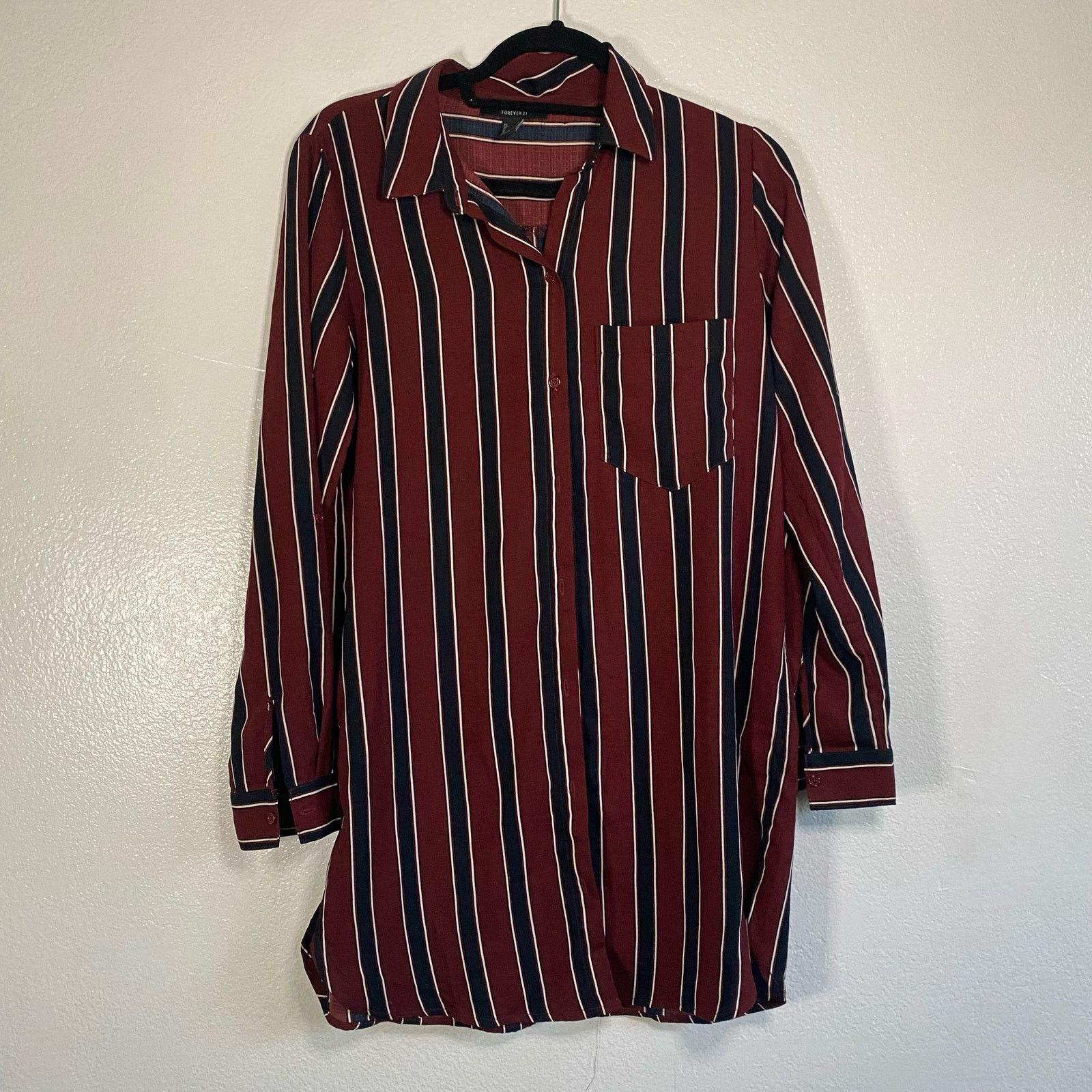Forever 21 Forever 21 Button Up Shirt Dress Dark Red and Navy Striped S Size S / US 4 / IT 40 - 2 Thumbnail