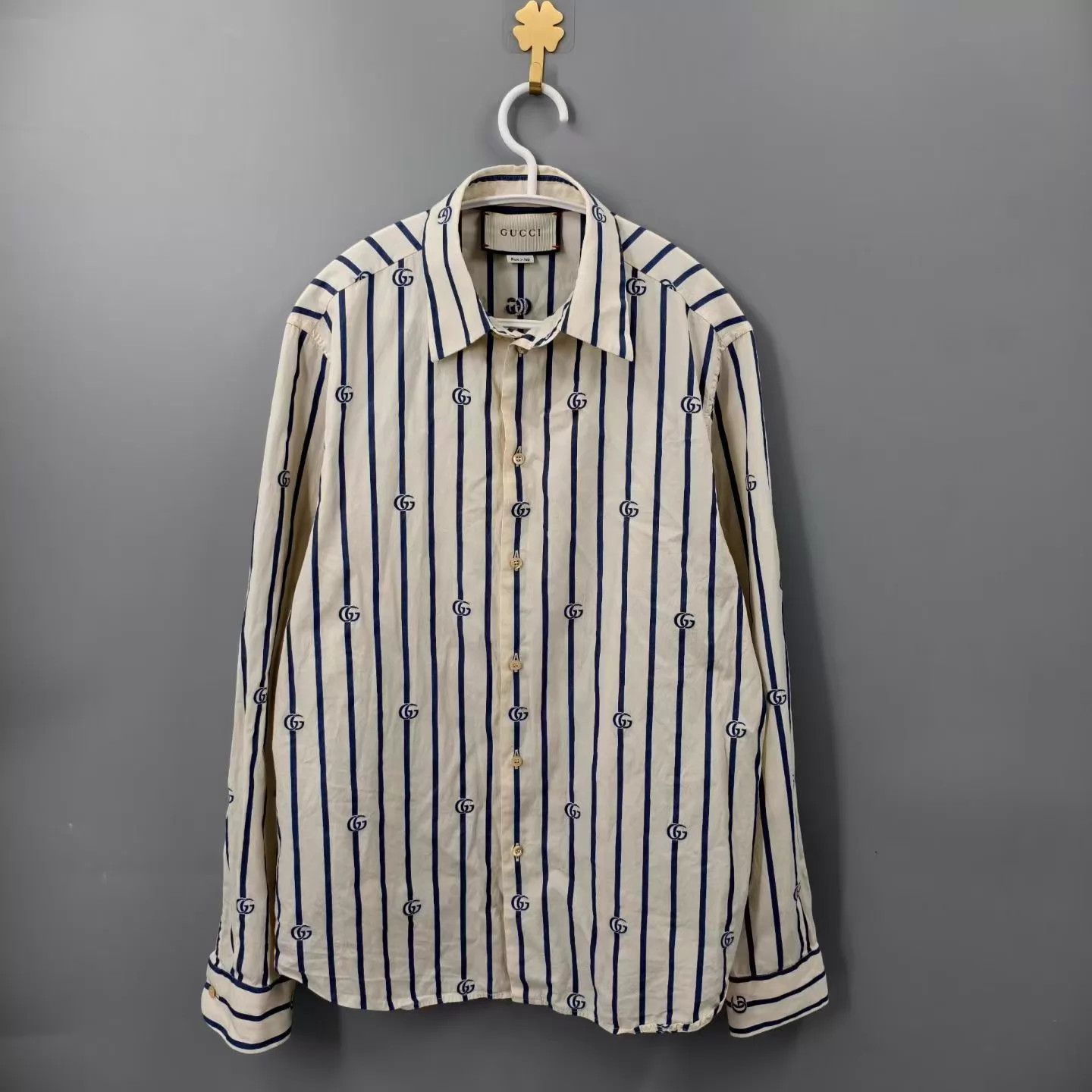 Gucci Gucci Ivory Blue Double G Stripe Long Sleeve Shirt Size US M / EU 48-50 / 2 - 1 Thumbnail