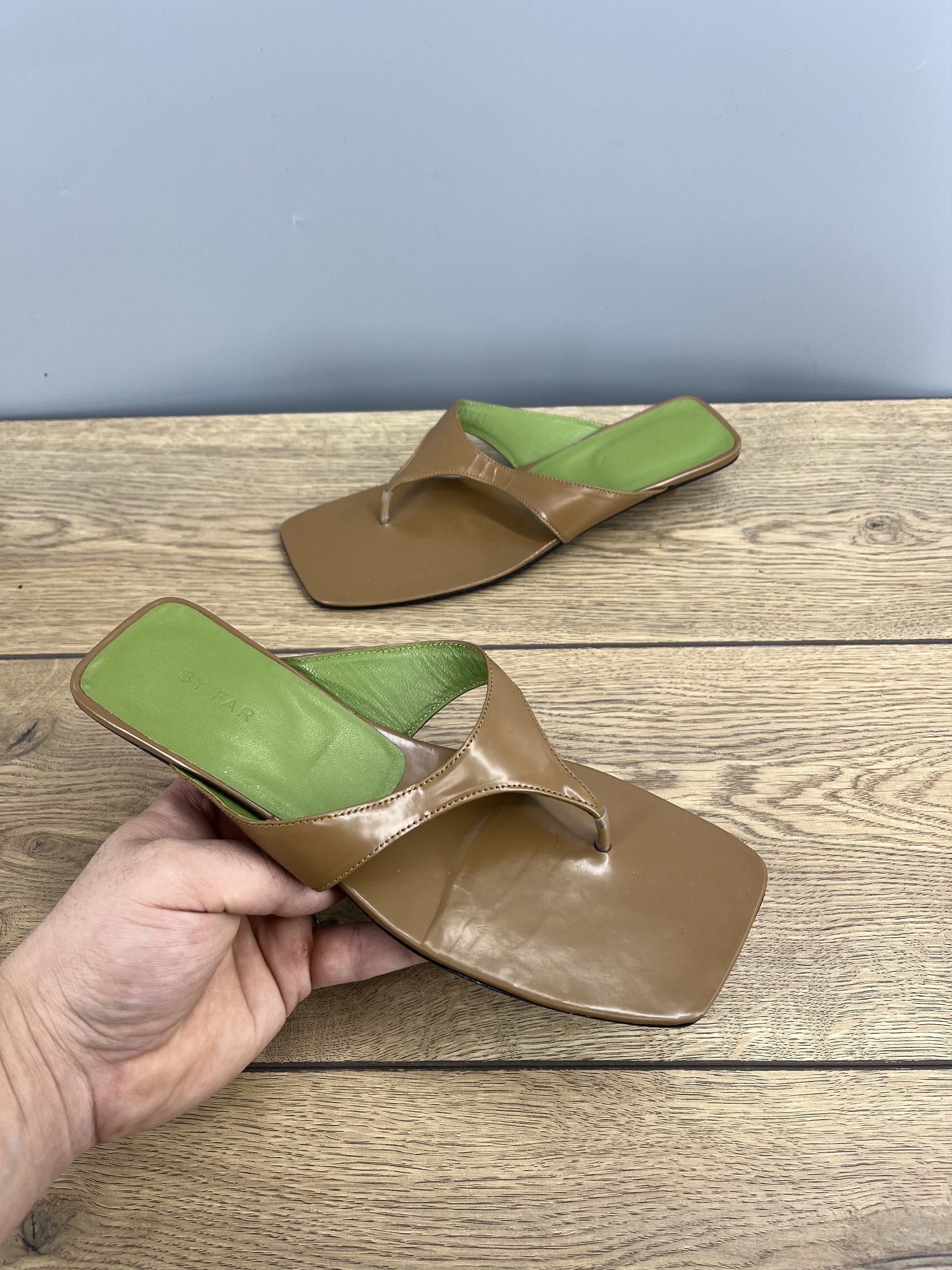 By Far By Far Brown Leather Thong Sandals Square Toe Size US 7.5 / IT 37.5 - 1 Thumbnail