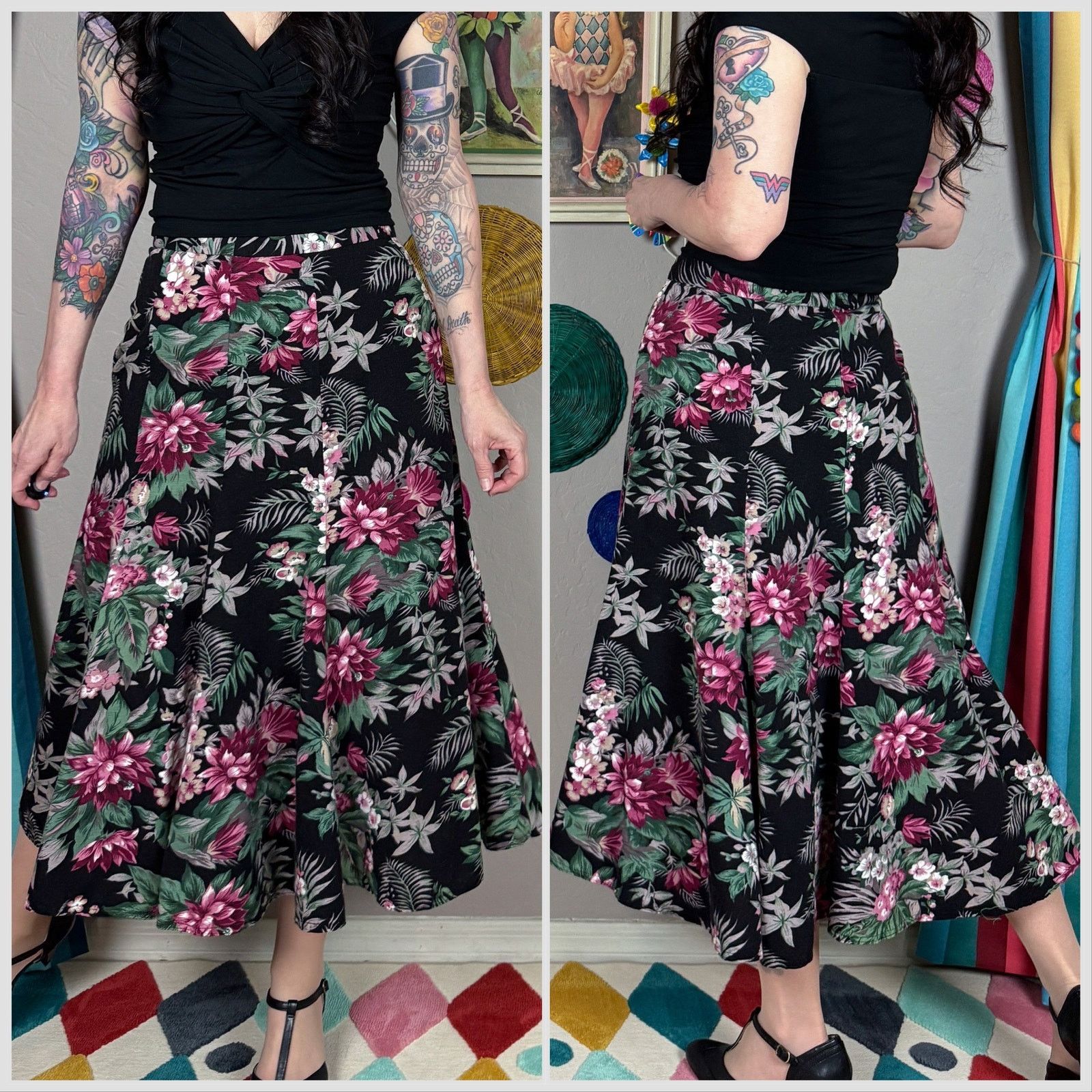 Vintage Vintage 1980s Black Garden Floral Trumpet Midi Skirt Size 30" / US 8 / IT 44 - 3 Thumbnail