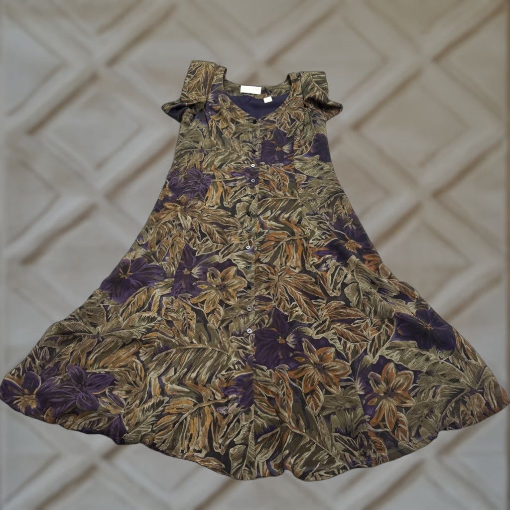 Vintage VINTAGE Dana Buchman Dress Womens 6 Brown Purple Floral Silk Button Up Midi 90's Boho Retro Cottage Designer Size M / US 6-8 / IT 42-44 - 1 Thumbnail