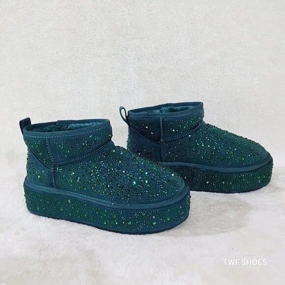 Other Ego Flashy Winter Platform Ankle Boots Green Rhinestones Size US 8.5 / IT 38.5 - 5 Thumbnail