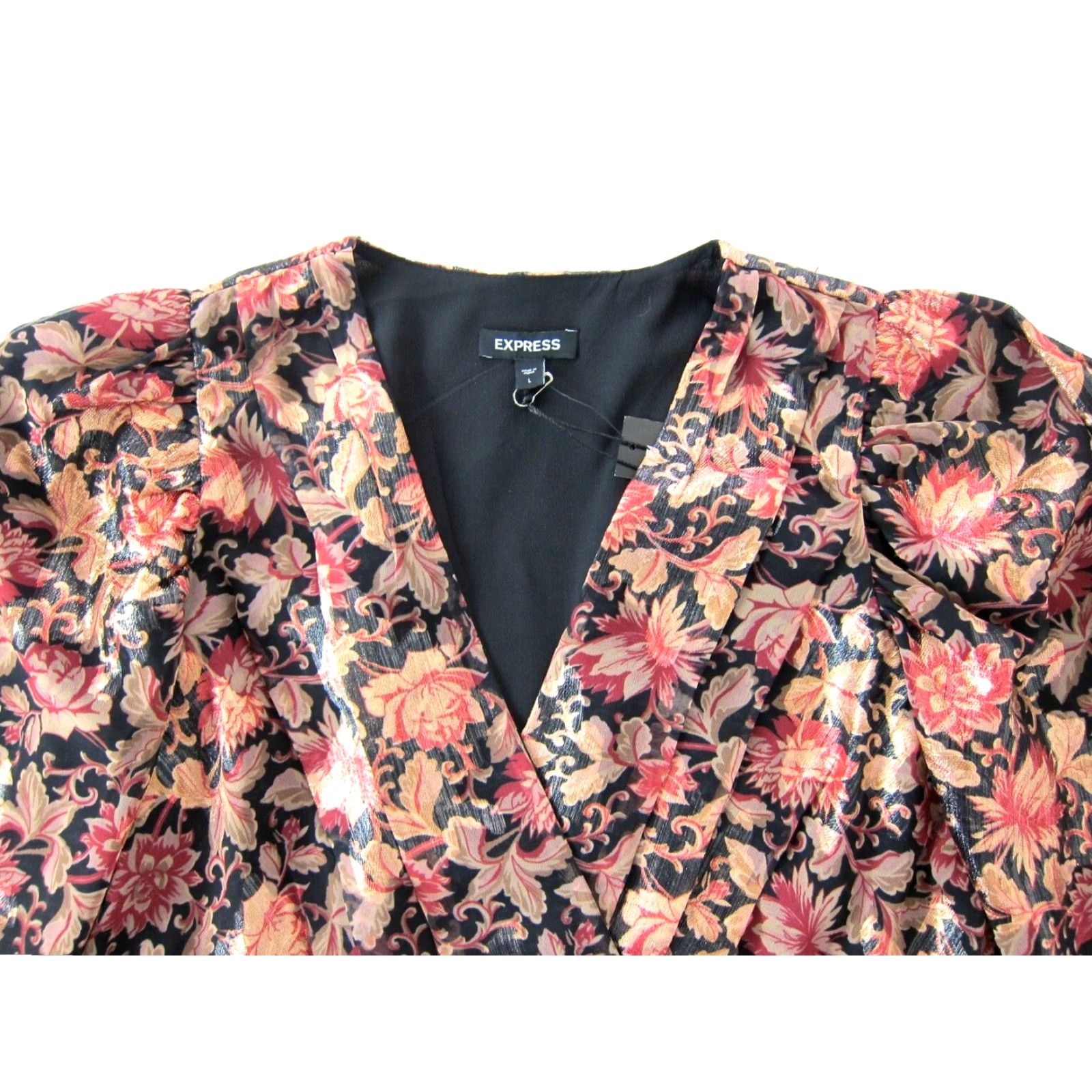 Express NWT EXPRESS Blouse Express Black Pink Metallic Gold V-Neck Long Sleeve Wrap Large Pink Floral Blouse Women Size L / US 10 / IT 46 - 3 Thumbnail