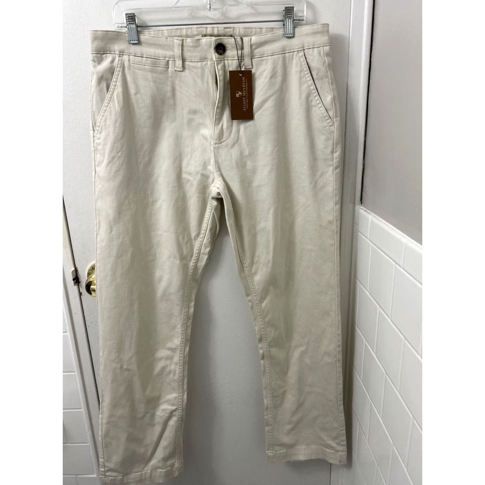 Vintage Elliot Mulryan Pants Mens 32x30 Beige Flat Front Chino Straight Leg Trousers Size US 32 / EU 48 - 2 Thumbnail
