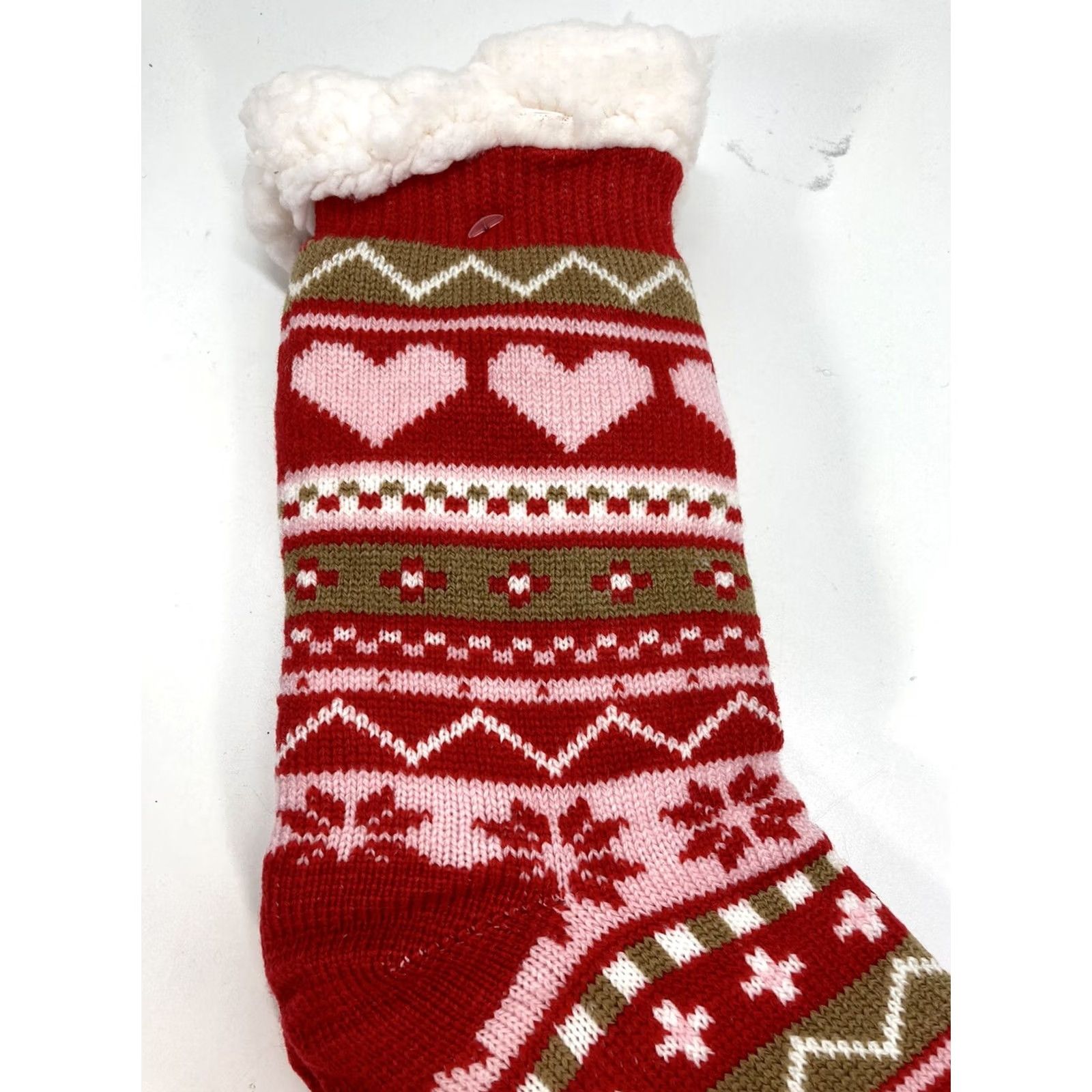 Vintage Sweet Home Slippers Socks Women Slipper One Size Fleece Lining Heart Snow NWT Red White Christmas Holiday Winter Cushioned Non-Slip Mid Calf Socks Size ONE SIZE - 3 Thumbnail