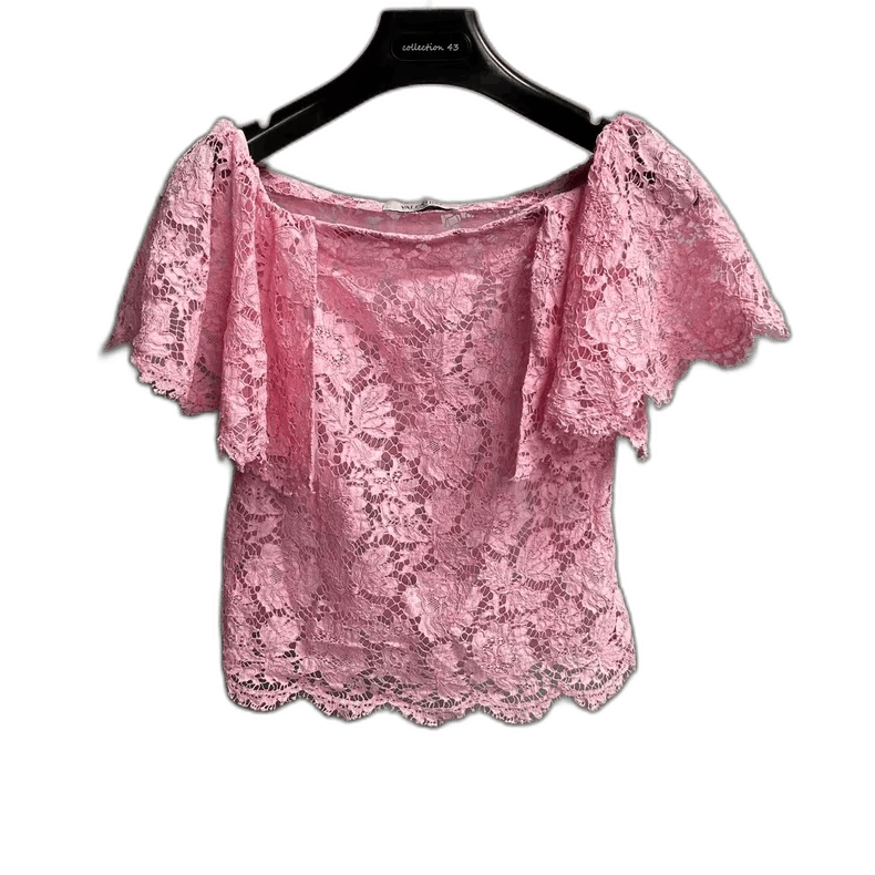 Valentino Pink Lace Embroidered Logo Short Sleeve Top Size US M / EU 48-50 / 2 - 1 Thumbnail