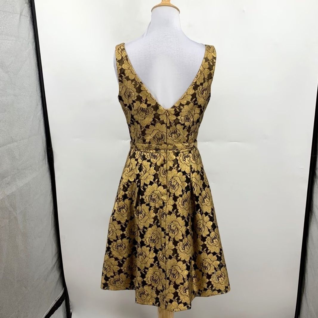 theia black and gold dress Womens 8 Metallic Floral Sleeveless Tafetta Lined Mini black pants with sequins