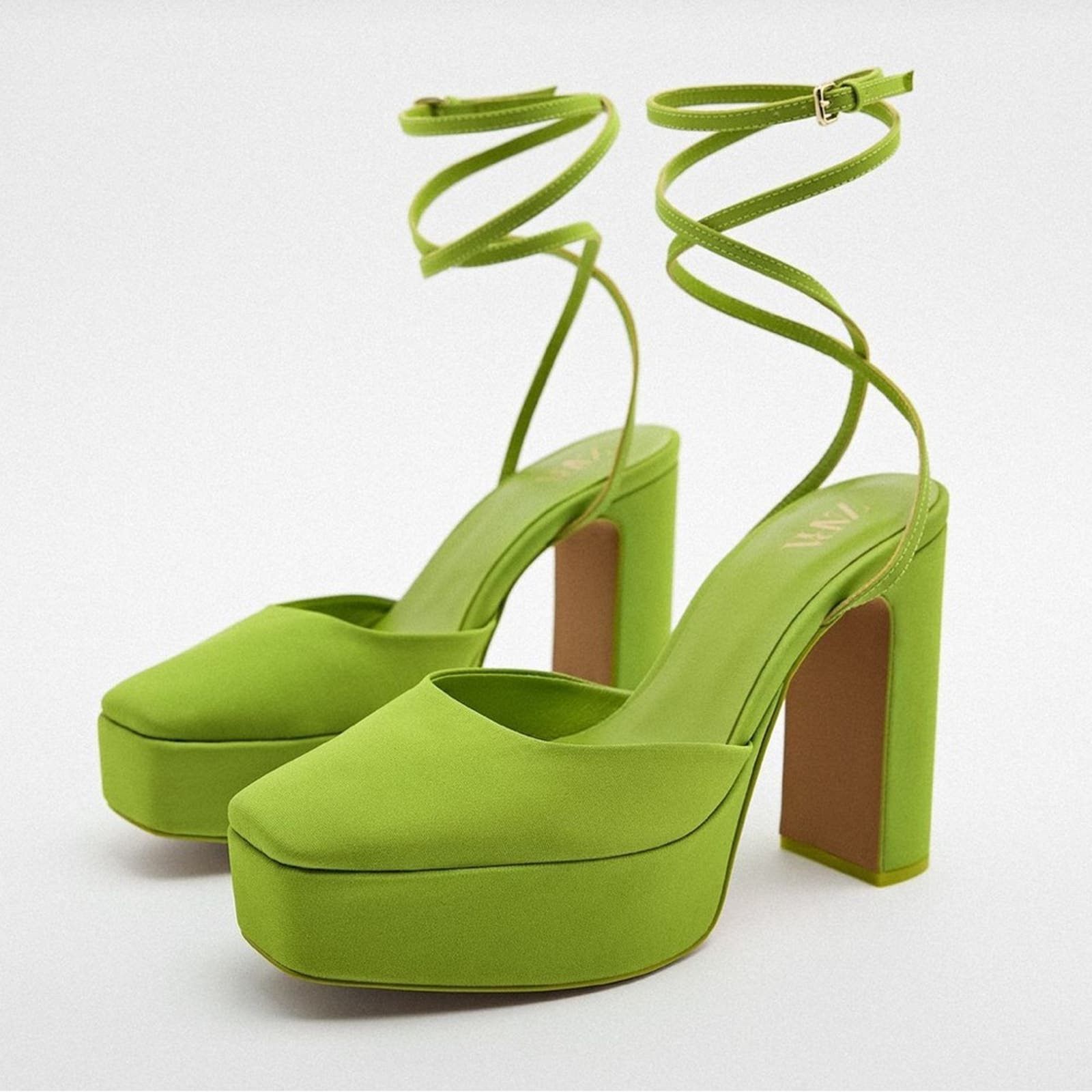 image of Zara Chunky Heeled Platform Shoes In Neon Green Size 39, Women's