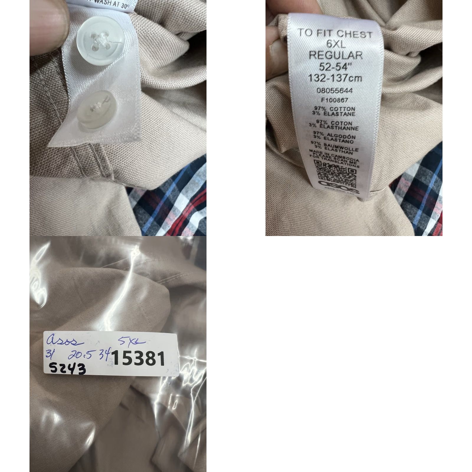 Asos ASOS Button-Down Shirt Mens Size 6XL Beige Long Sleeve (Big & Tall) - Cotton, Solid, Collared, Button-Up, 62" Chest, Regular Fit Size US XXL / EU 58 / 5 - 8 Thumbnail