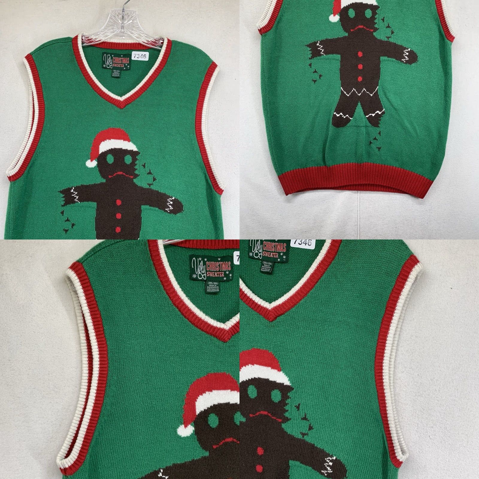 Vintage Funny Gingerbread Man Ugly Christmas Sweater Vest Medium Green Unisex Adult Holiday Size US M / EU 48-50 / 2 - 8 Thumbnail