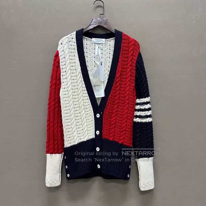 Thom Browne Thom Browne Beige and Grey Patch Four-Stripe Wool Open Car Size US XS / EU 42 / 0 - 1 Thumbnail