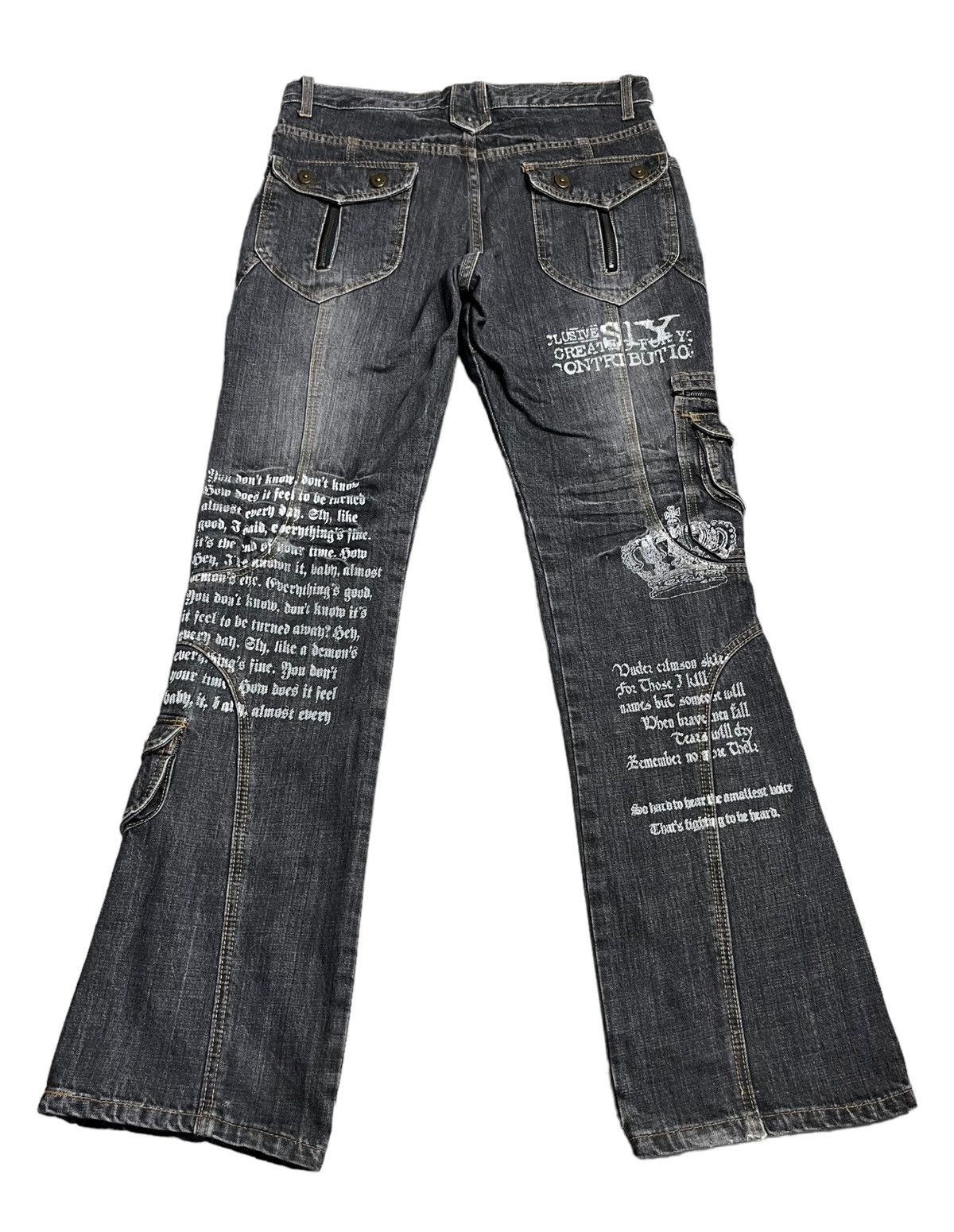 If Six Was Nine 🔥EVOLUTION Retro Punk Poems Multipocket Flare Denim Jeans Size US 31 - 3 Thumbnail