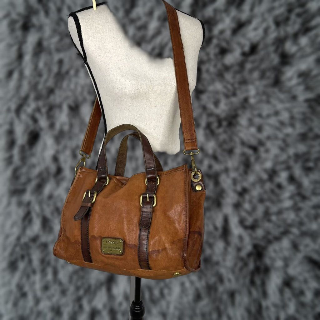Fossil Brown Leather Cross Body Cargo Bag Tote Women Large Brown Leather Zip Crossbody