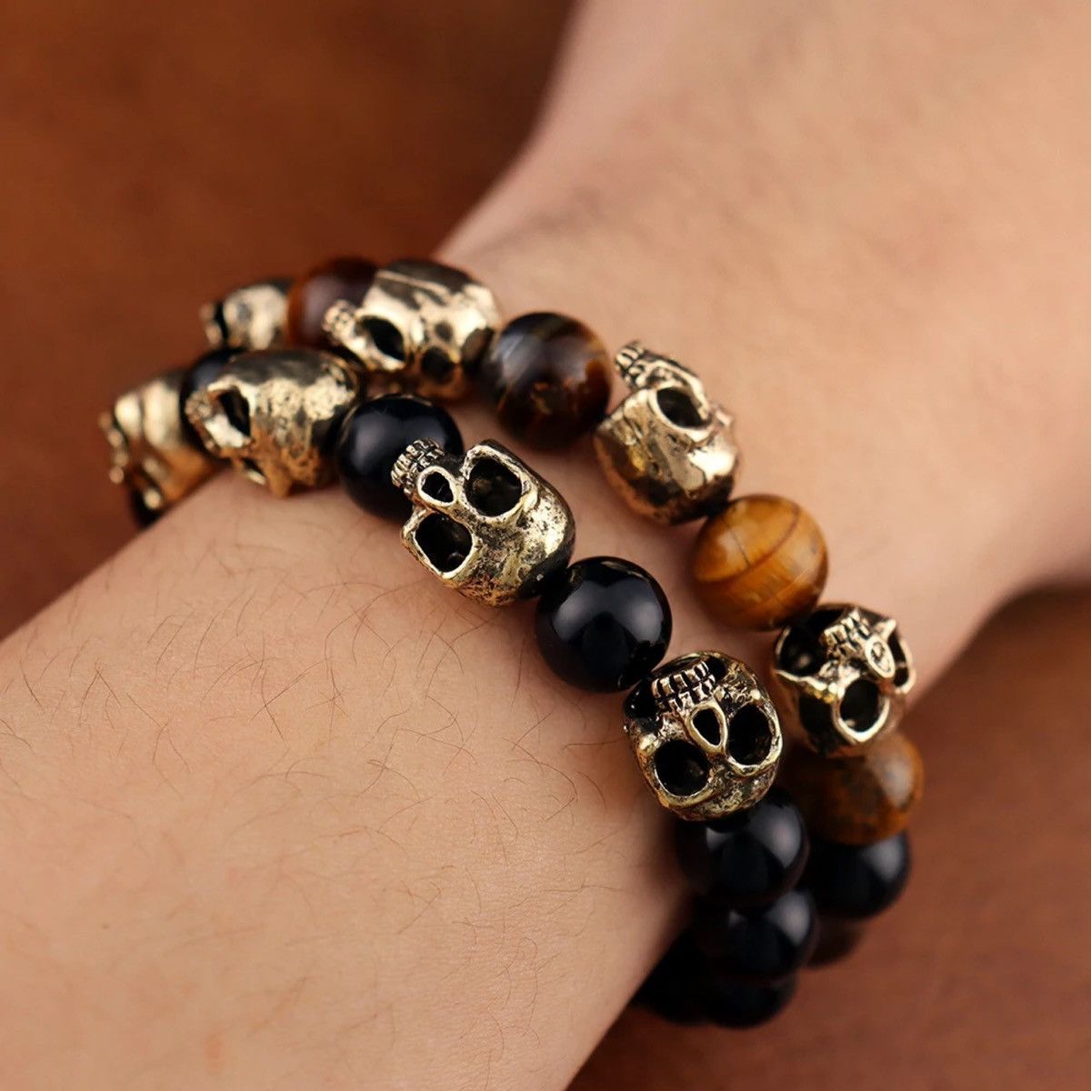 Jewelry Gothic Skull Head Charm Tiger eye Bracelet Size ONE SIZE - 4 Thumbnail