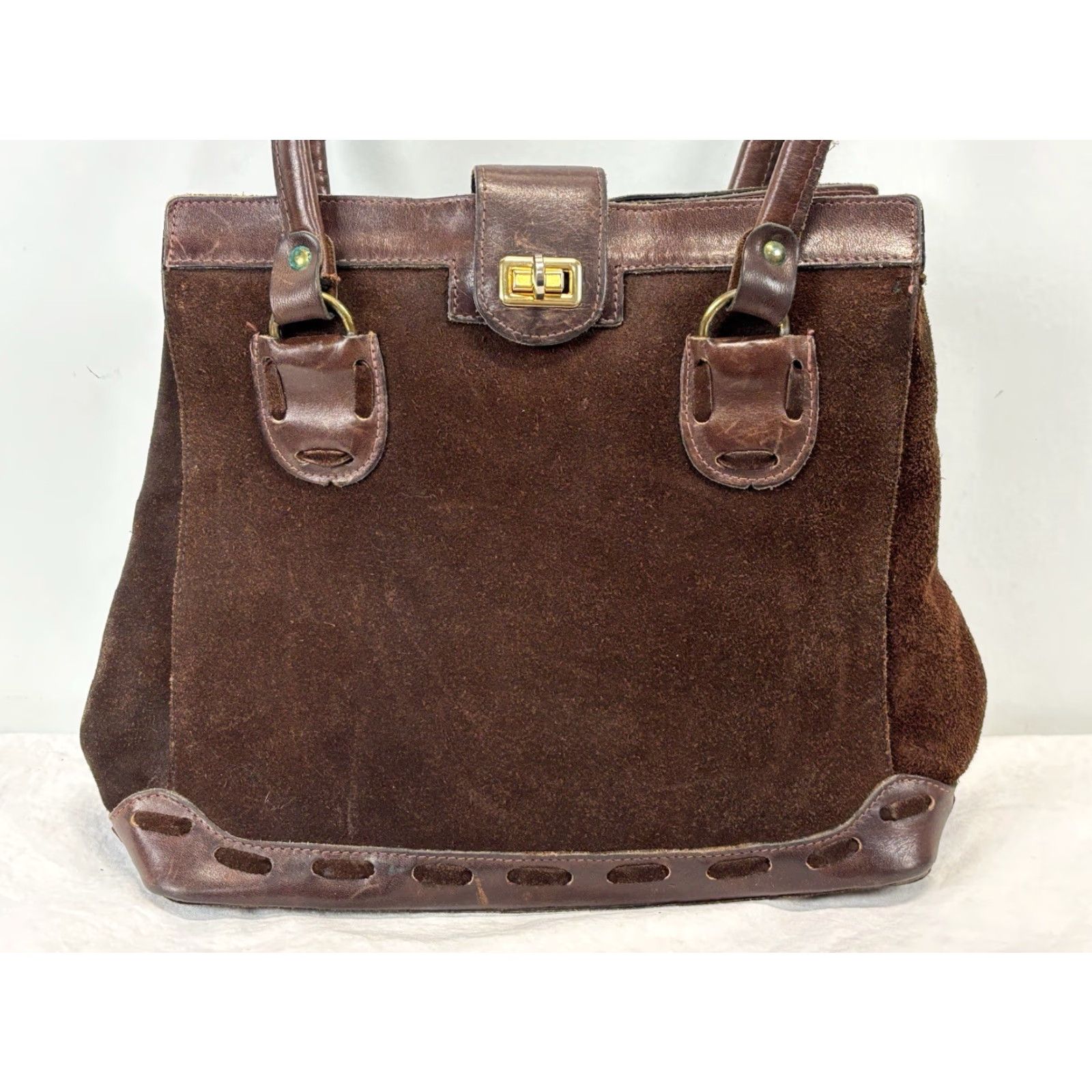 CHOCOOLATE VINTAGE Chocolate Brown Suede & Leather Shoulder Bag Purse 50s Swift Metal Zipper Purse Women Leather Bag Purse Brown Zipper 50s Mens? Size ONE SIZE - 2 Thumbnail